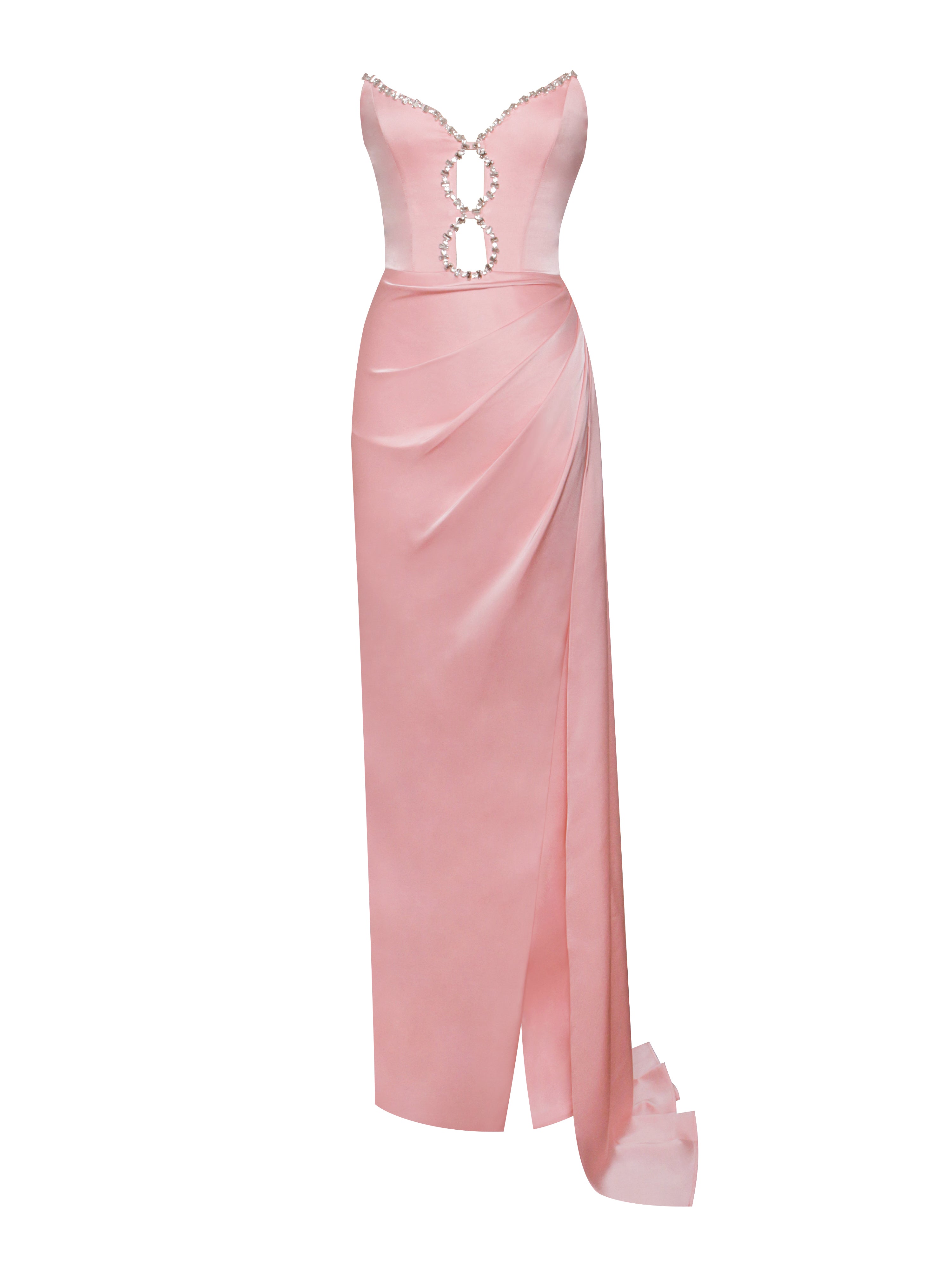 Miss Circle Women Marilyn Pink Satin Crystal Embellished High Slit Gown Miss Circle Women Marilyn Pink Satin Crystal Embellished High Slit Gown