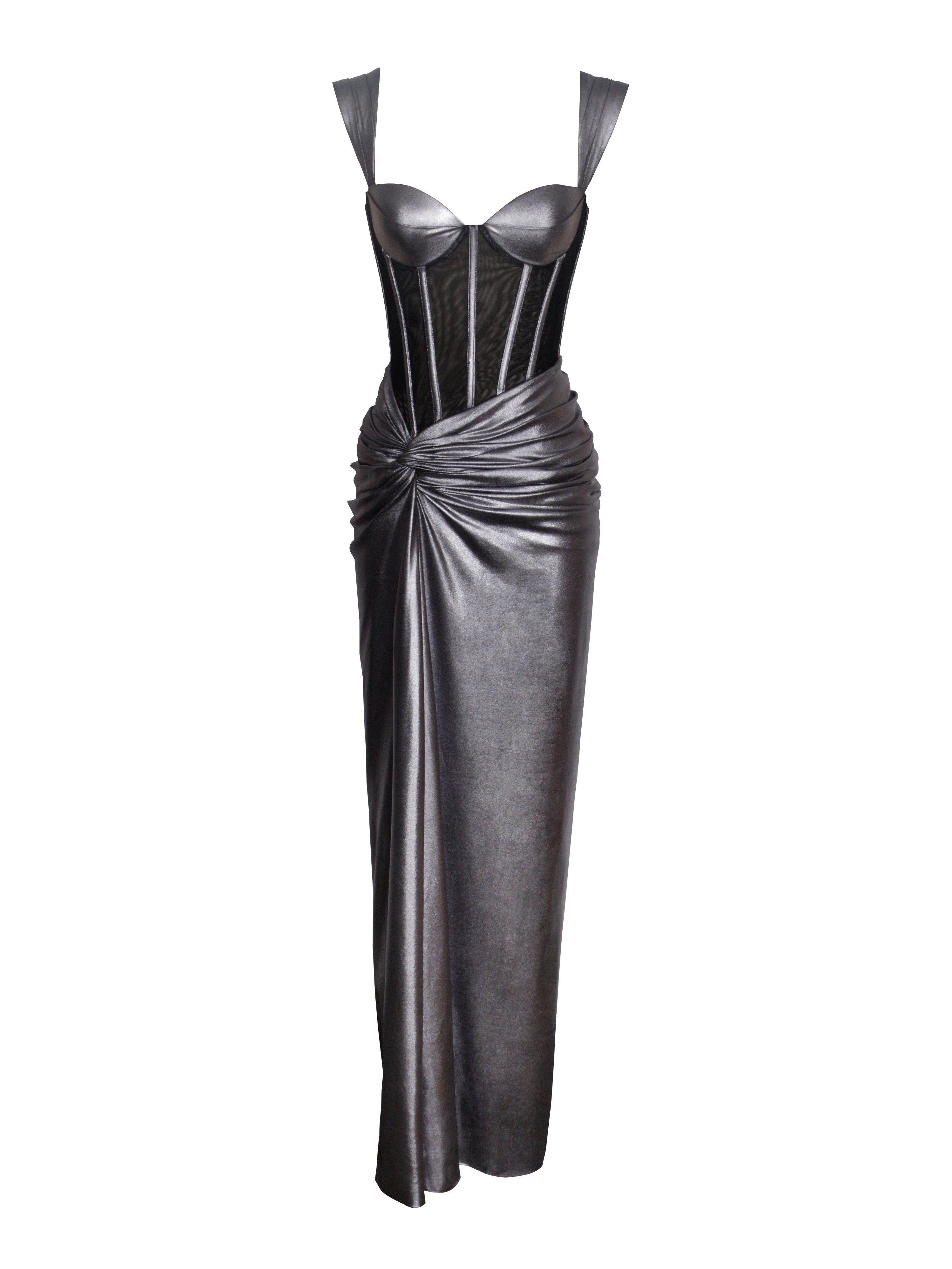 Odessa Silver Metallic Corset Maxi Dress Odessa Silver Metallic Corset Maxi Dress