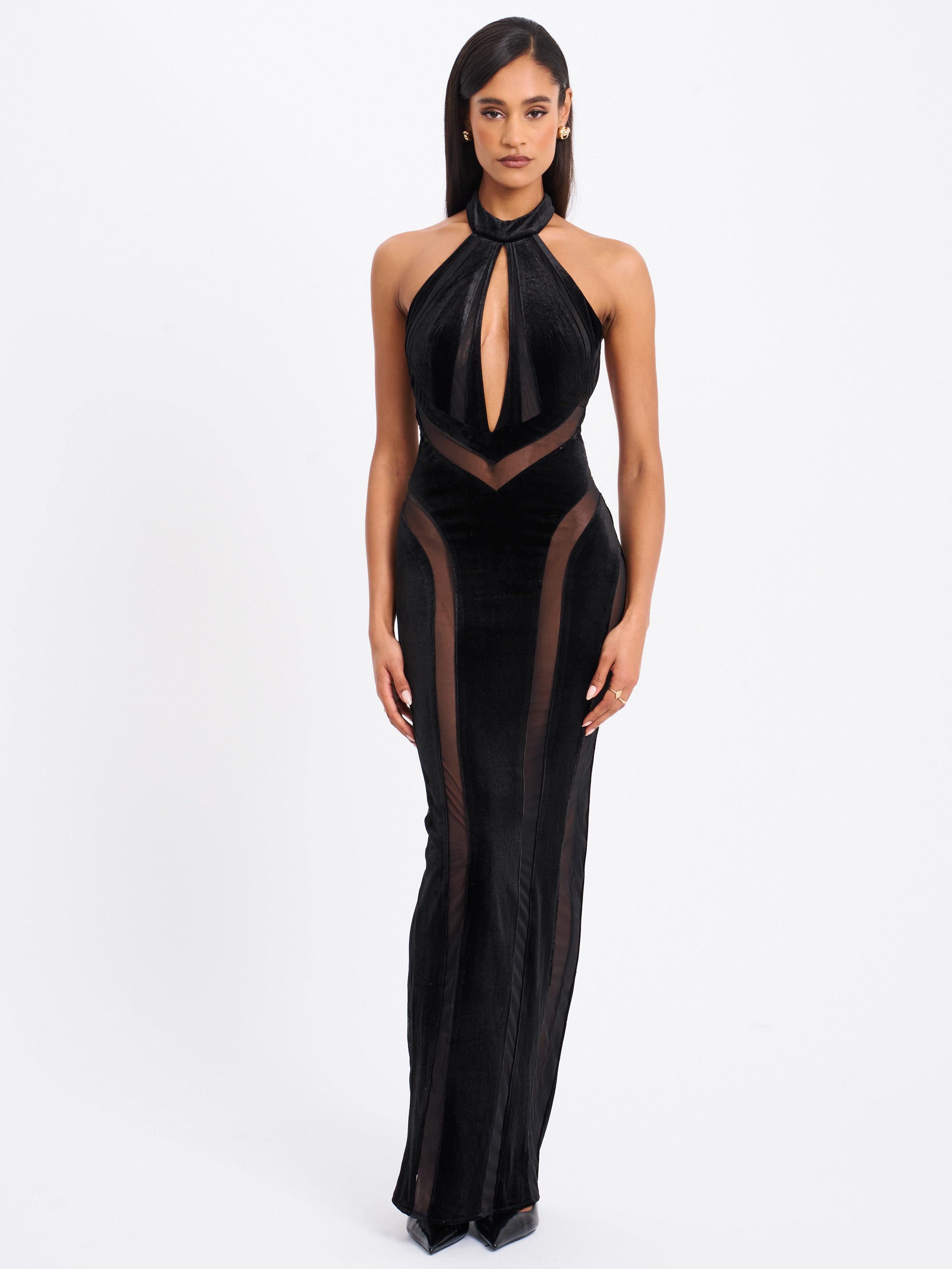 keh64636☆ ミストレアスCape Set Velvet Dress Paityn Black Velvet Mesh Cutout Halter Gown