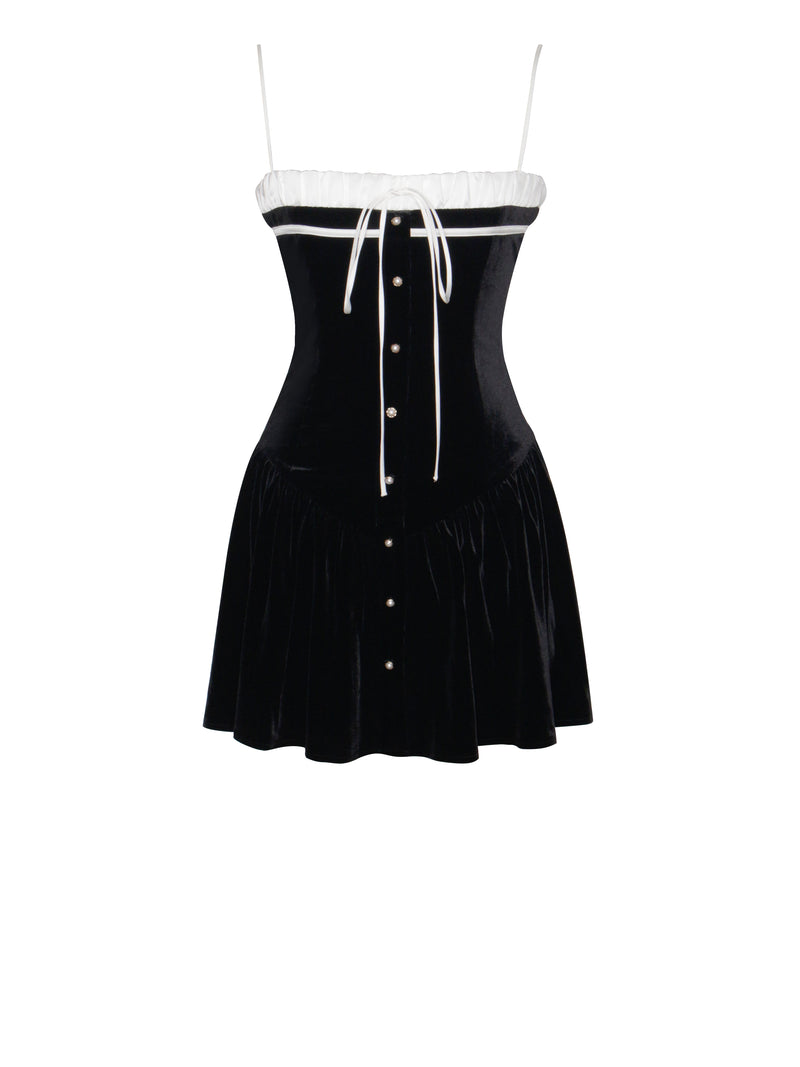 Black Velvet with White Lace Detail Mini Dress