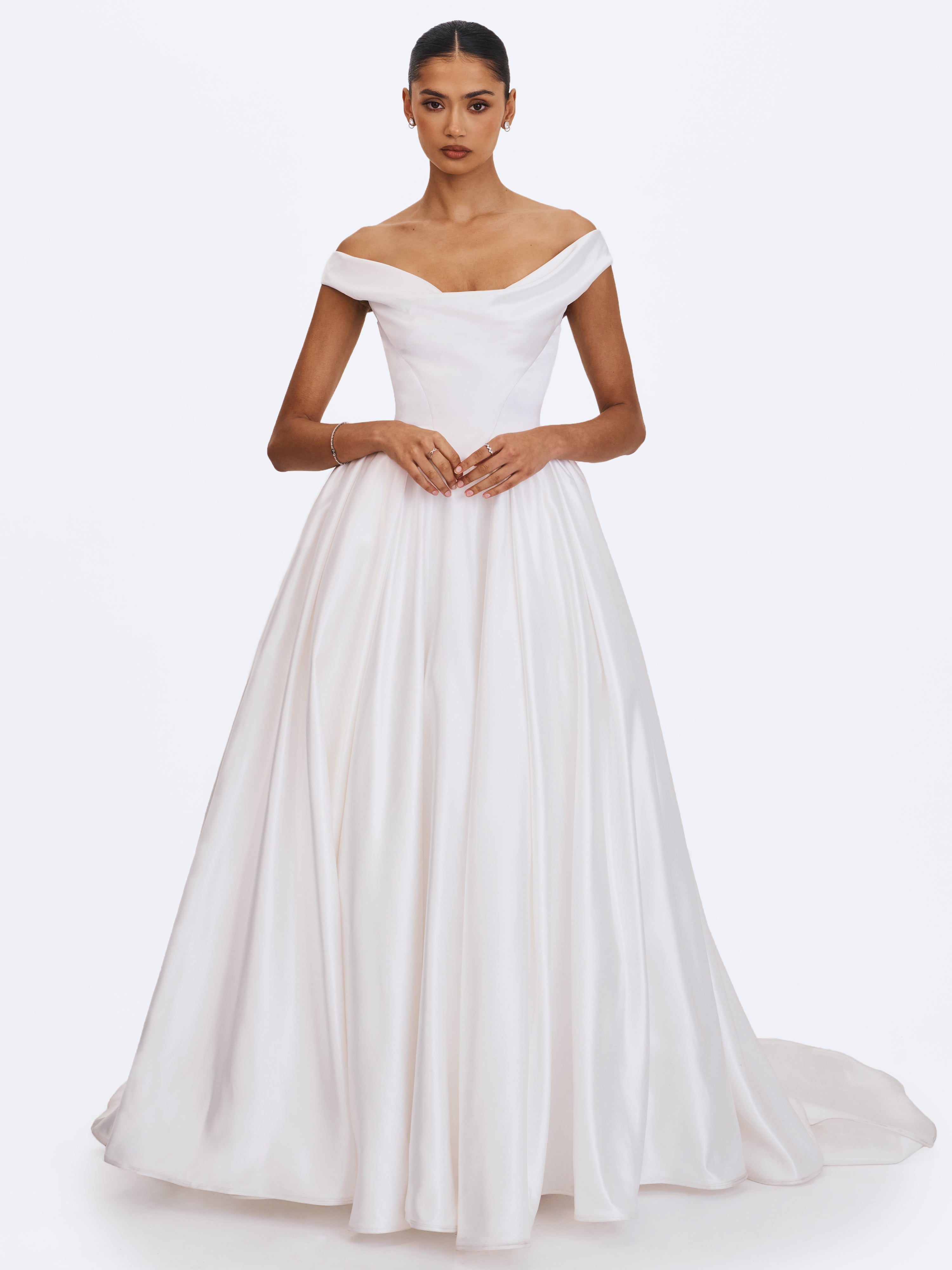 Unna White Satin Bardot Cowl Wedding Gown (PREORDER)