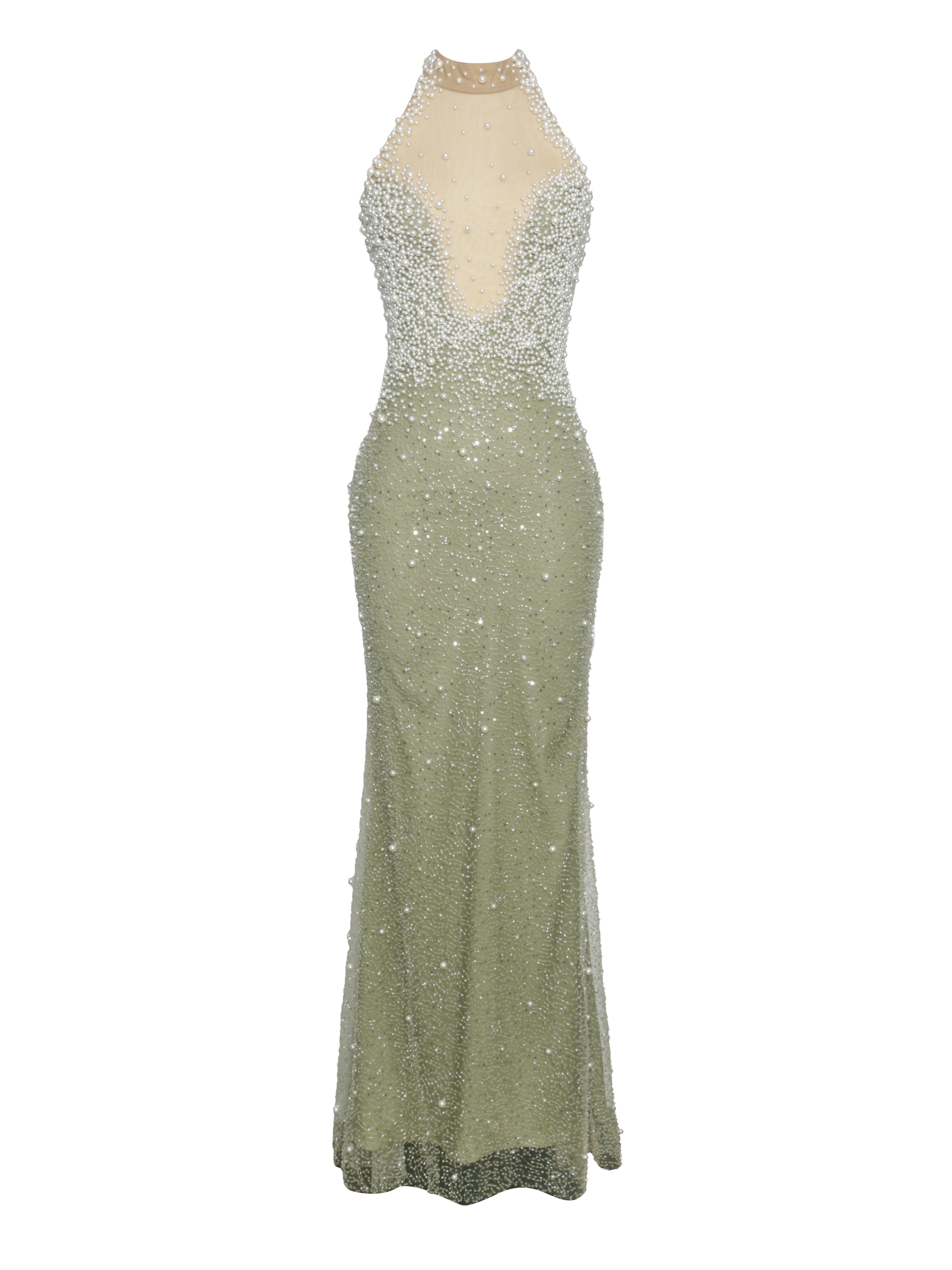 Ginny Pear Green Pearl Embellished Backless Gown