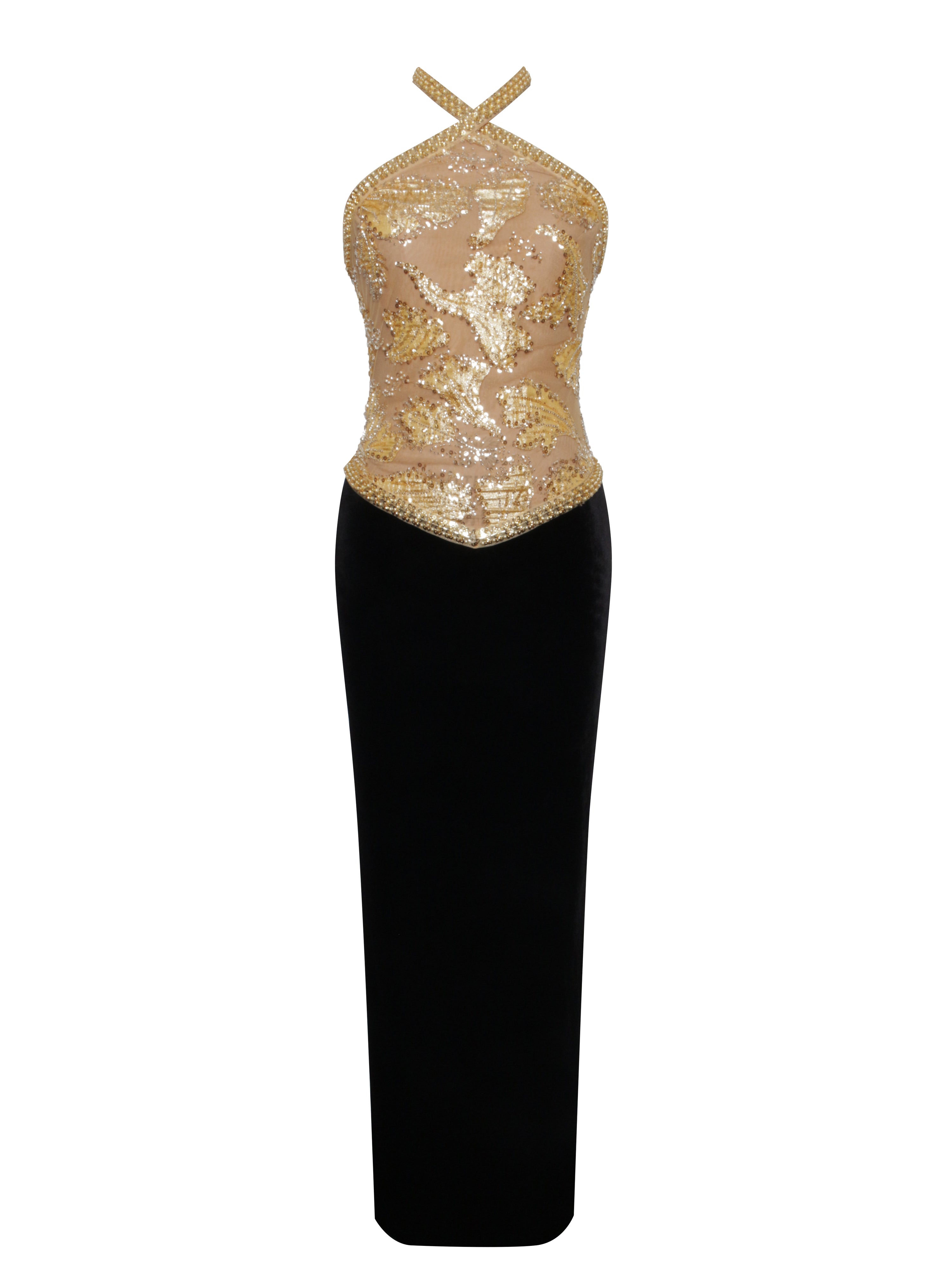 Gazelle Gold Embroidered Vintage Style Maxi Dress