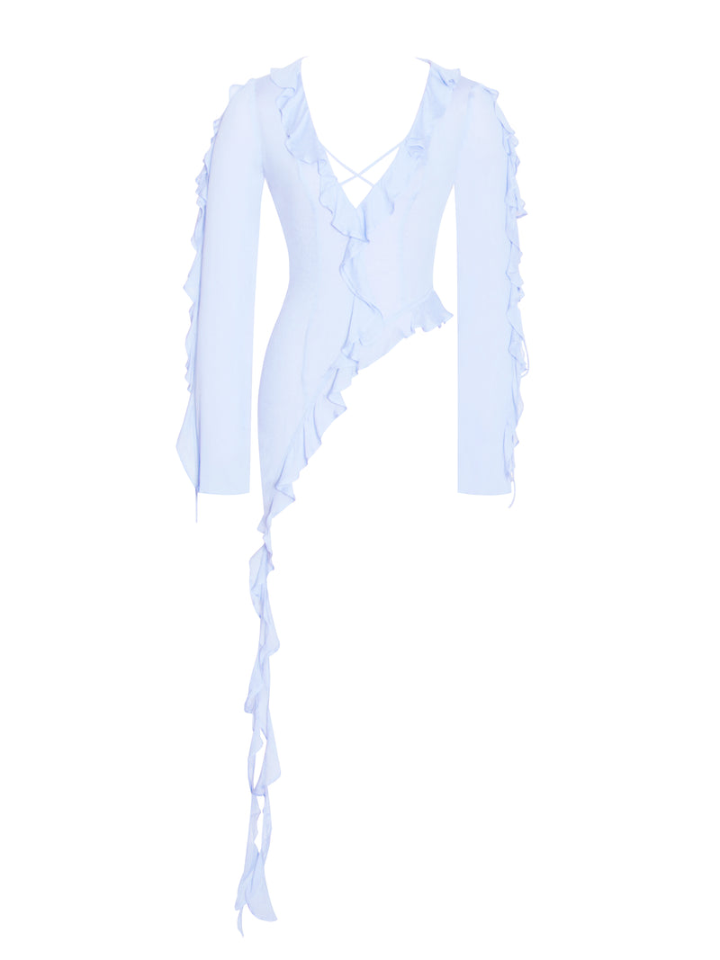 Leena Baby Blue Long Sleeve Draping Ruffle Top