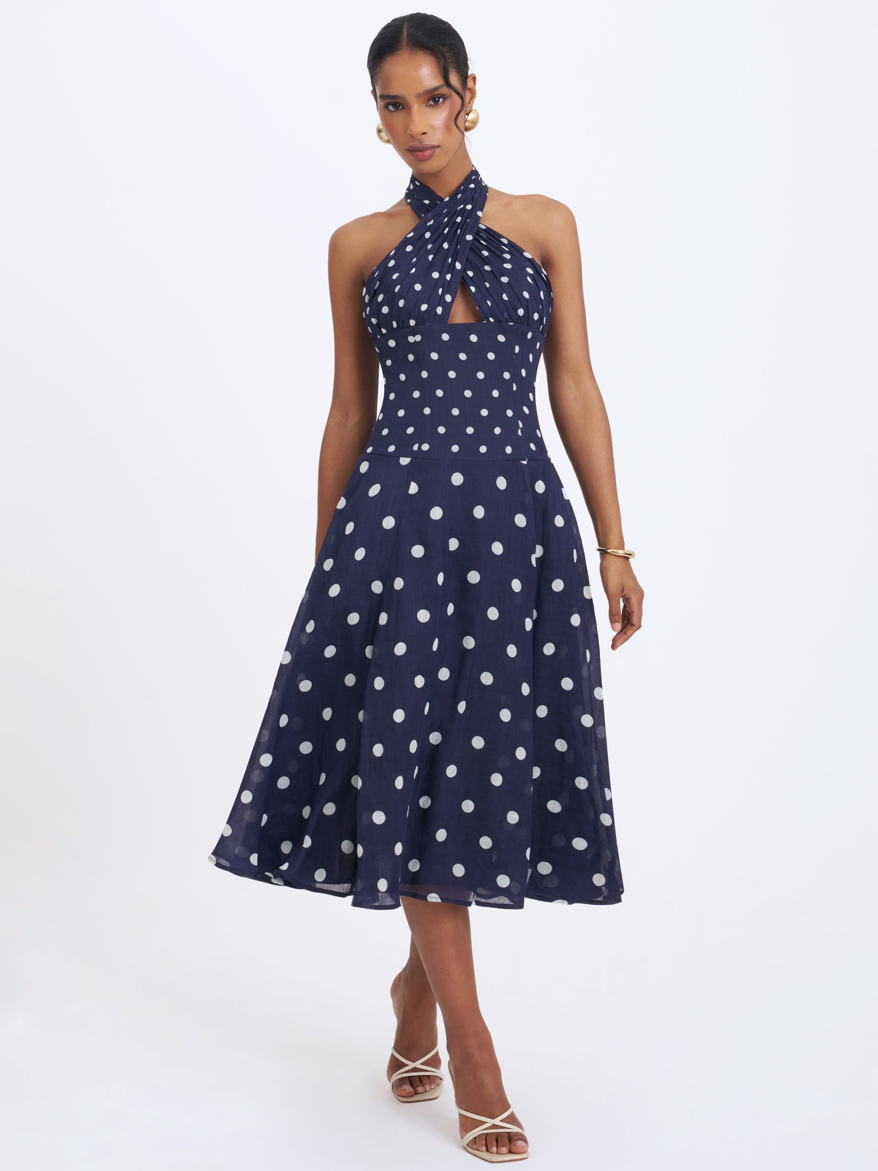 Nuri Navy Polka Dot Ramie Crossover Halter A-Line Midi Dress