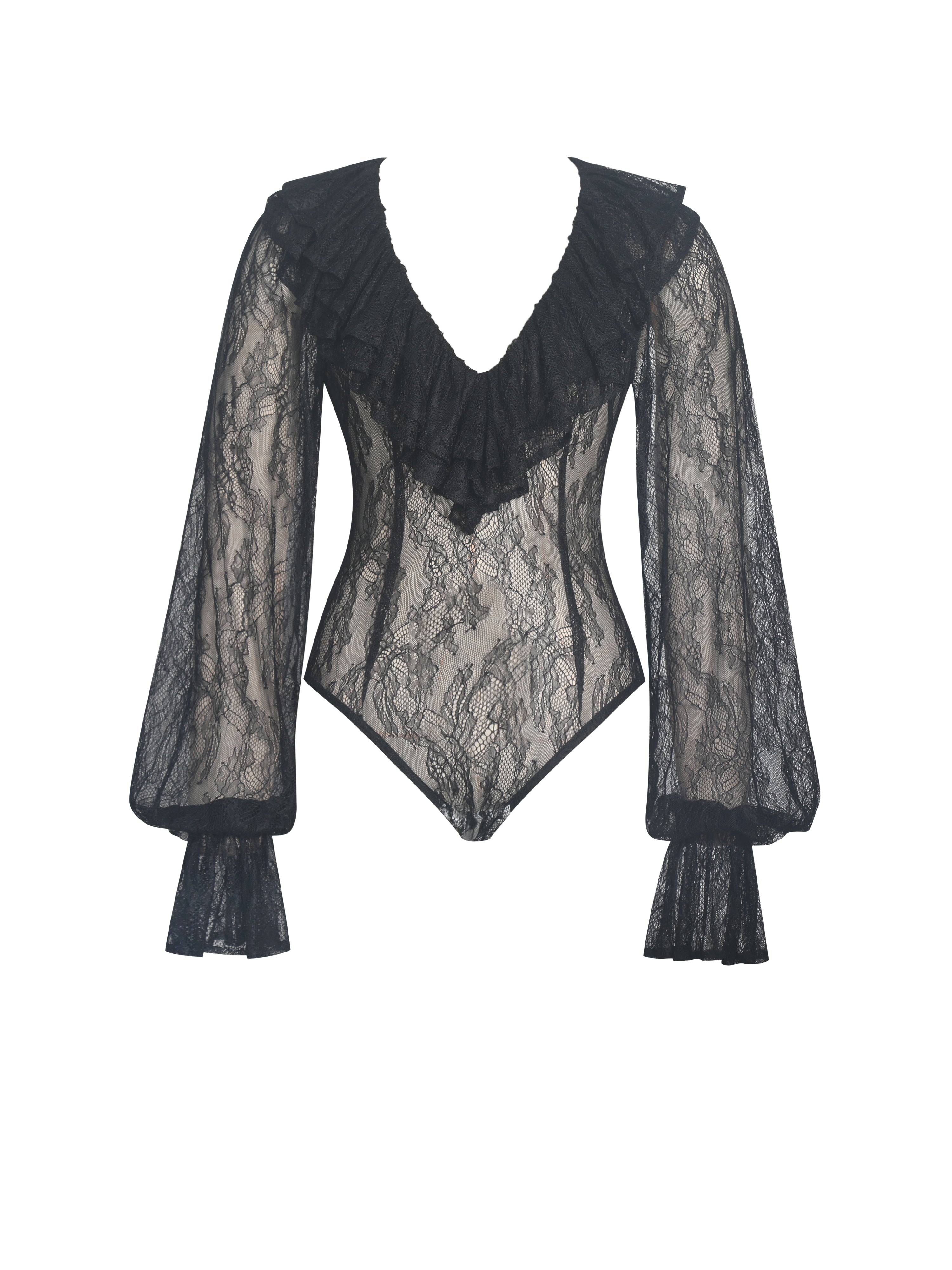 Taliah Black Sheer Lace Ruffled Collar Bodysuit