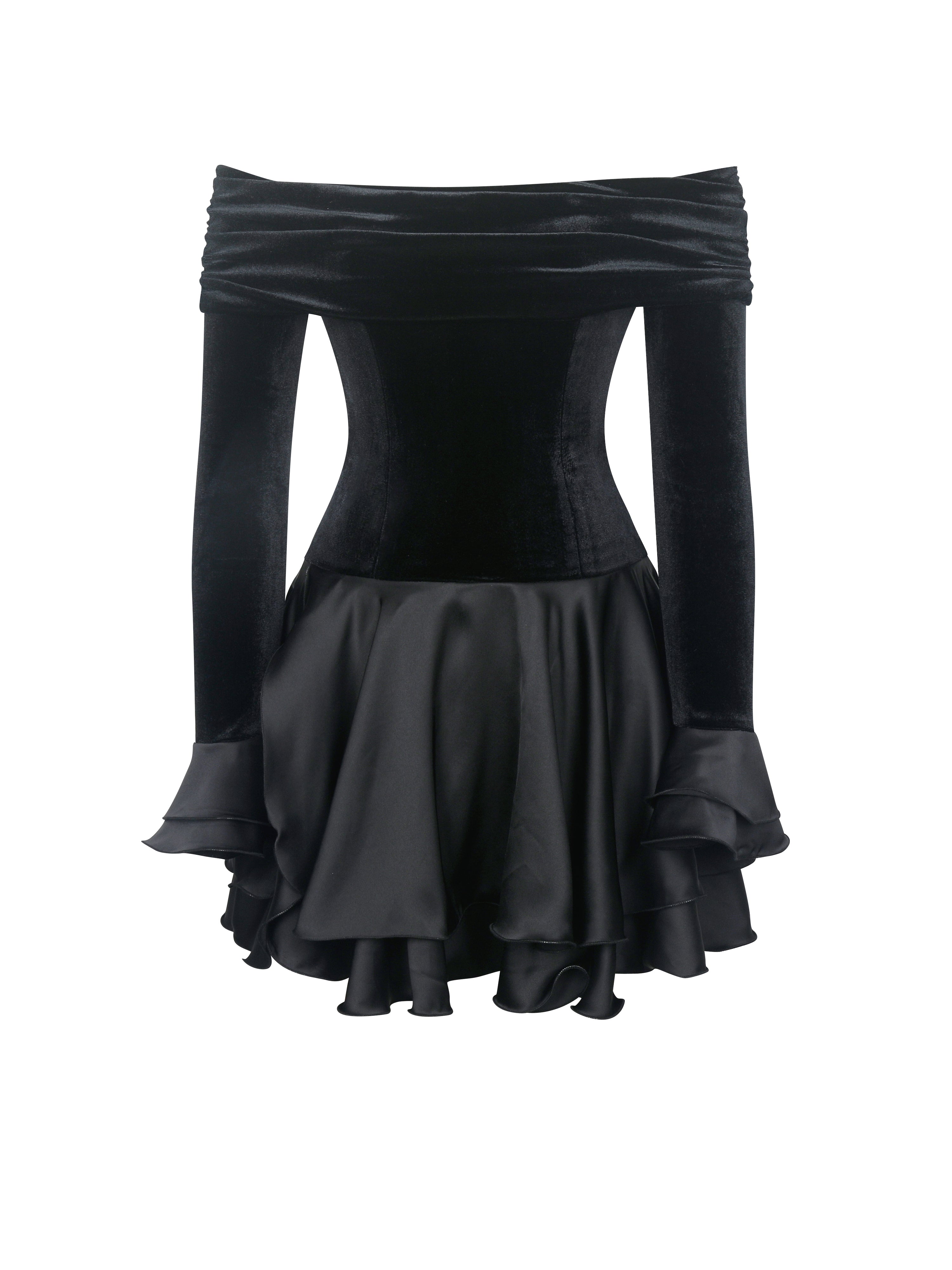 Magnolia Black Off-Shoulder Layered Satin Mini Dress