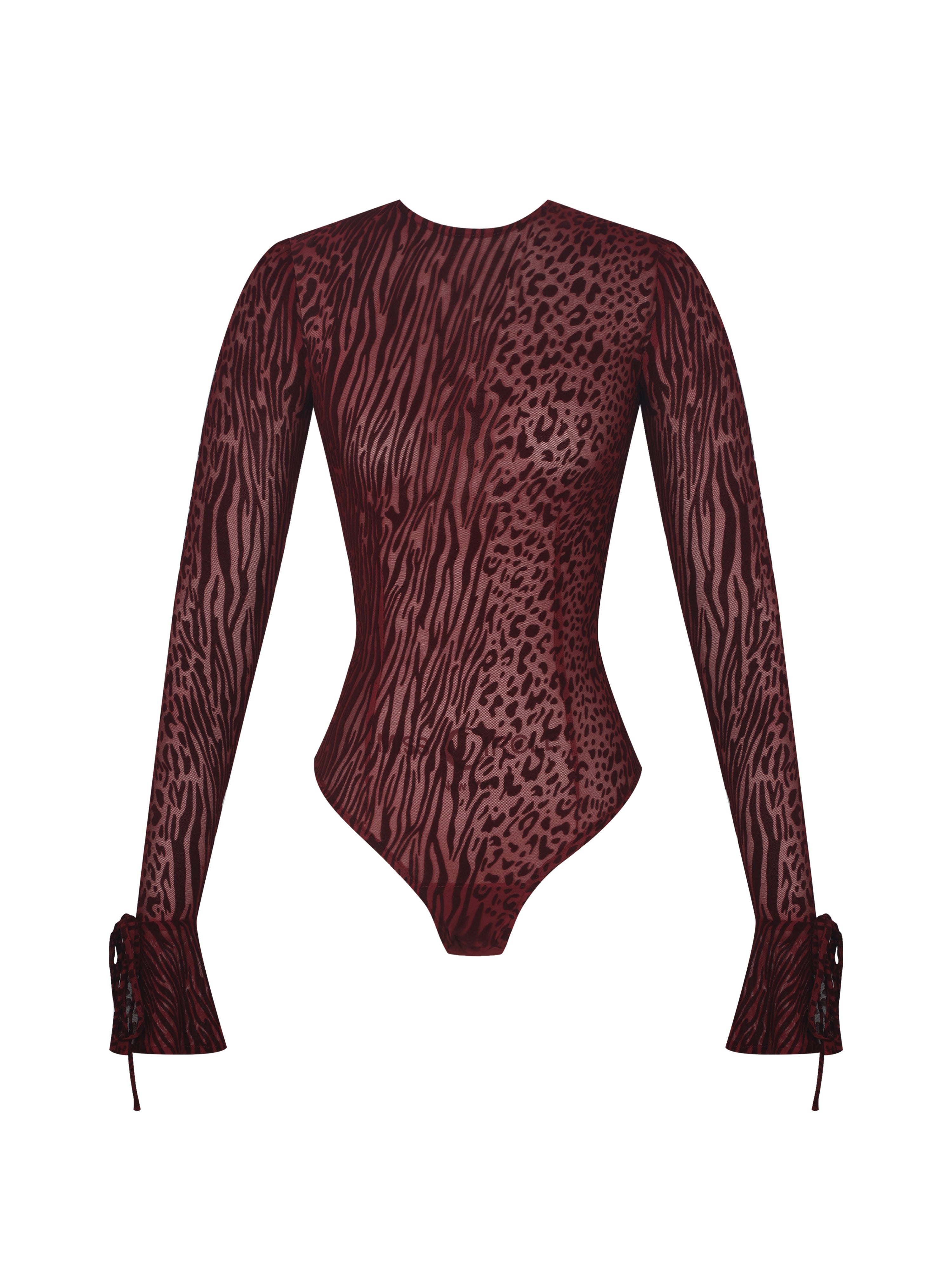 Ibera Burgundy Animal Print Burnout Velvet Long Sleeve Bodysuit
