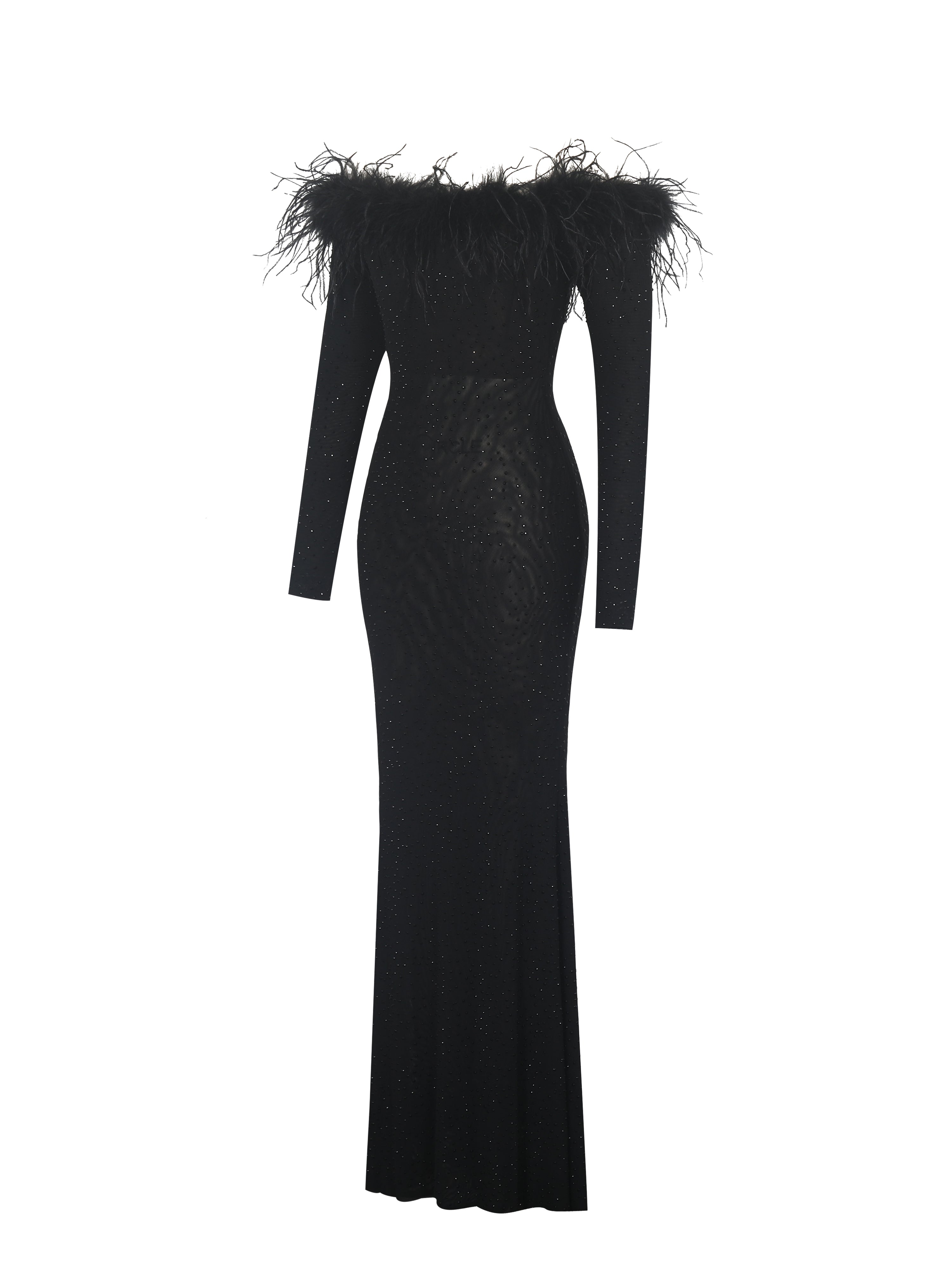 Emberly Black Fur Trimmed Off-Shoulder Rhinestone Mesh Mermaid Dress
