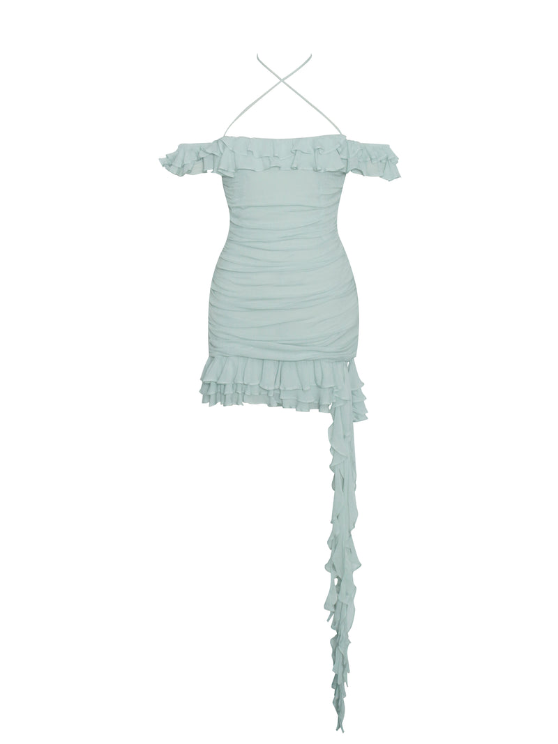 Matilda Mint Off Shoulder Ruffle Draping Mini Dress