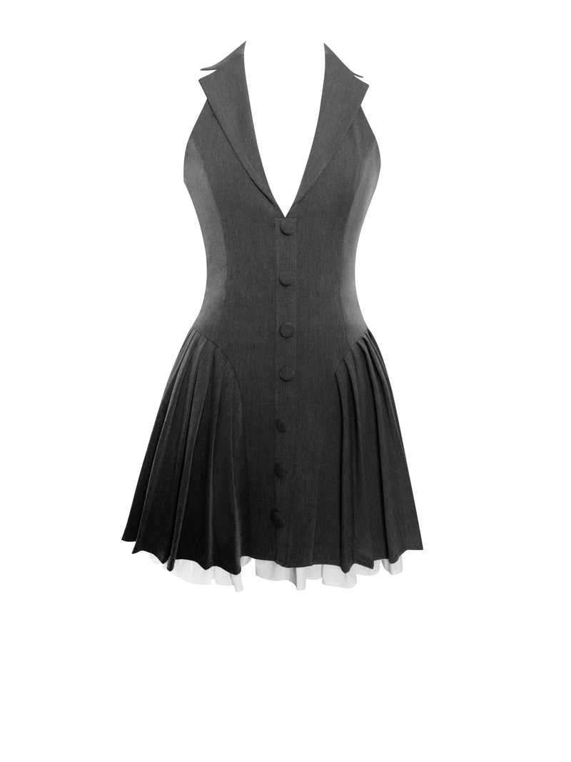 Hazel Grey Preppy Halter Neck Pleated Mini Dress