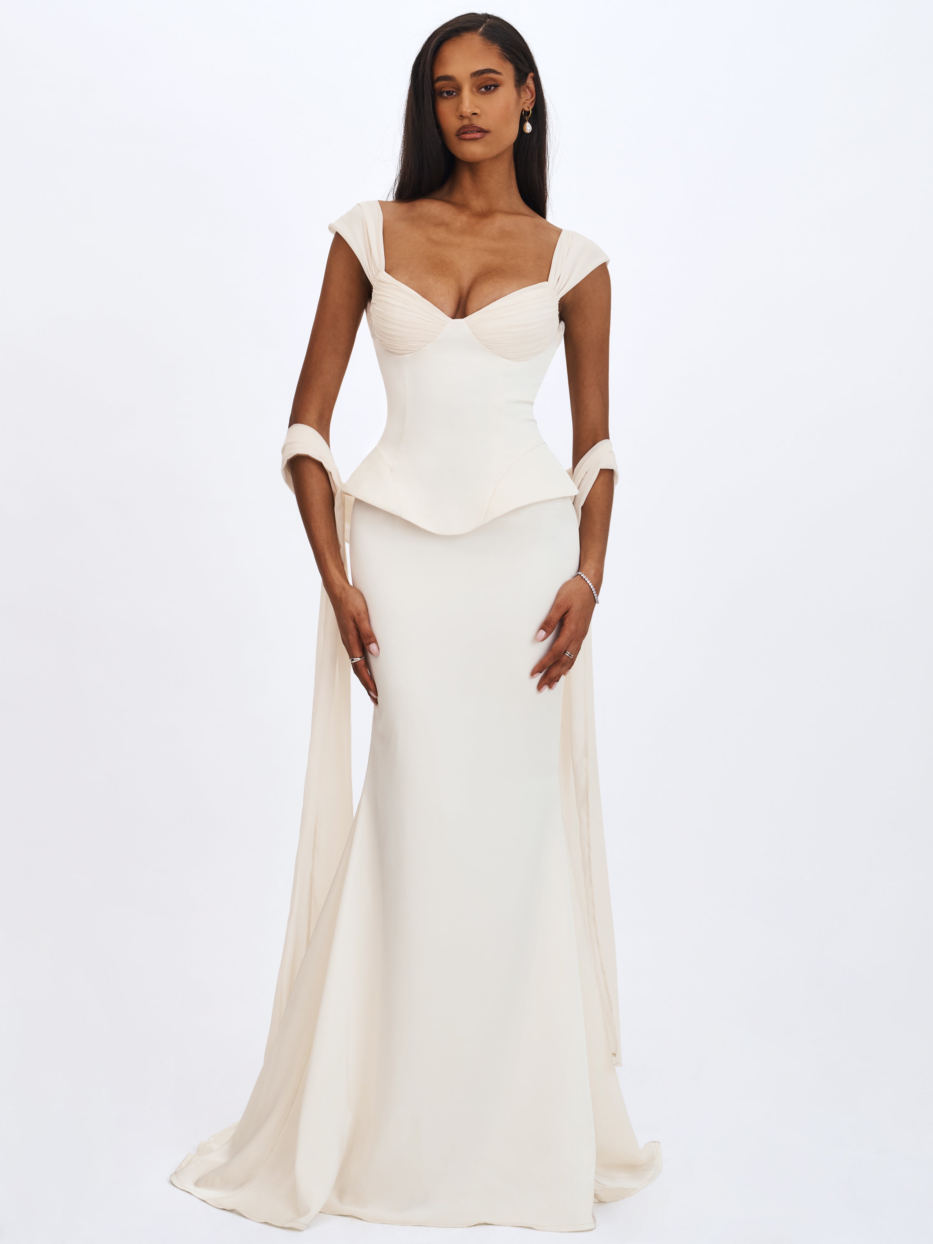 Jessalyn Ivory Sweetheart Peplum Mermaid Wedding Dress with Chiffon Scarf (PREORDER)