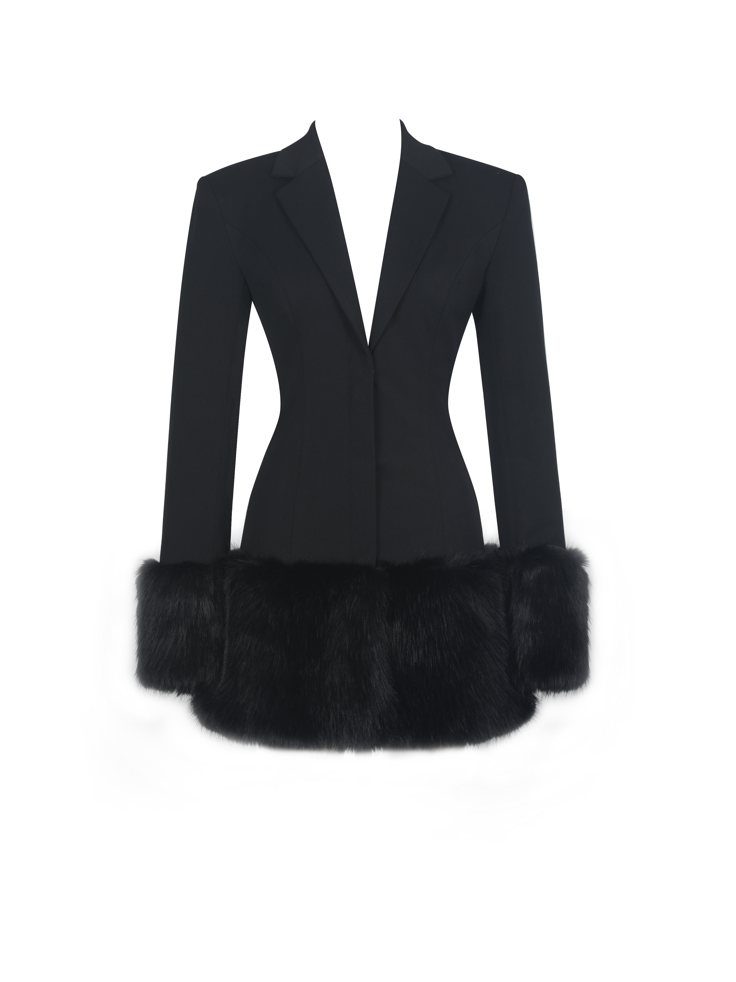 Wenona Black Fur Trimmed V-Neck Mini Blazer Dress
