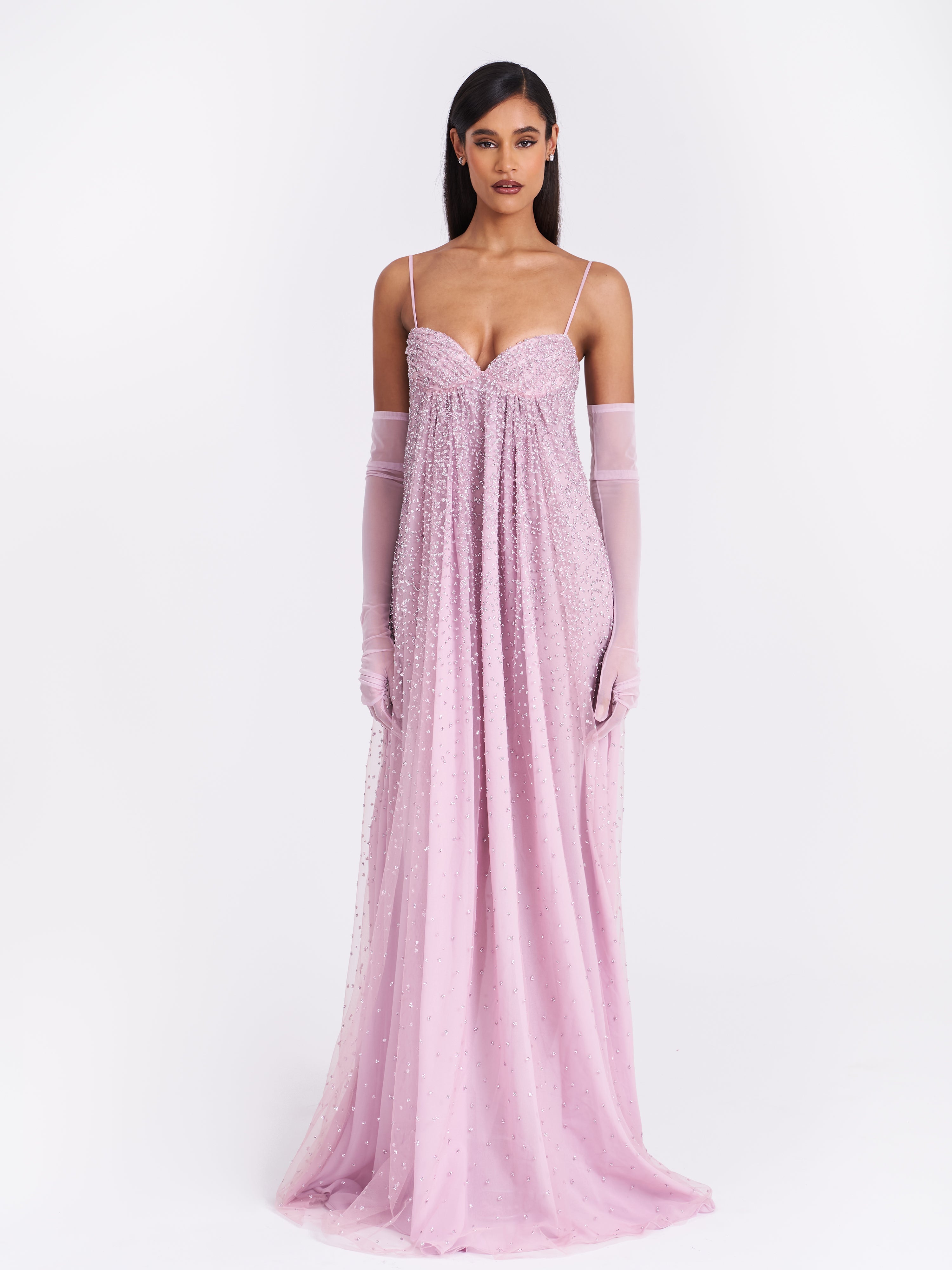 Wallie Pink Rhinestone Embellished Mesh Backless Gown