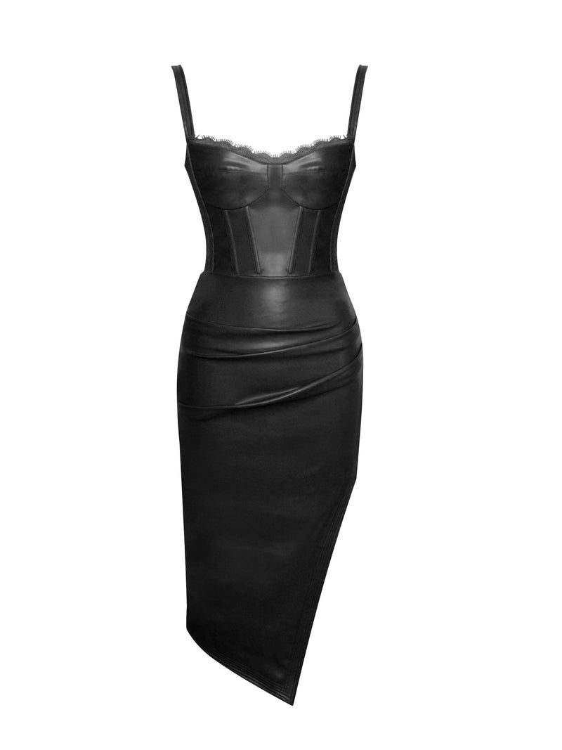 Betsy Black Corset Vegan Leather Dress with Lace Detailed