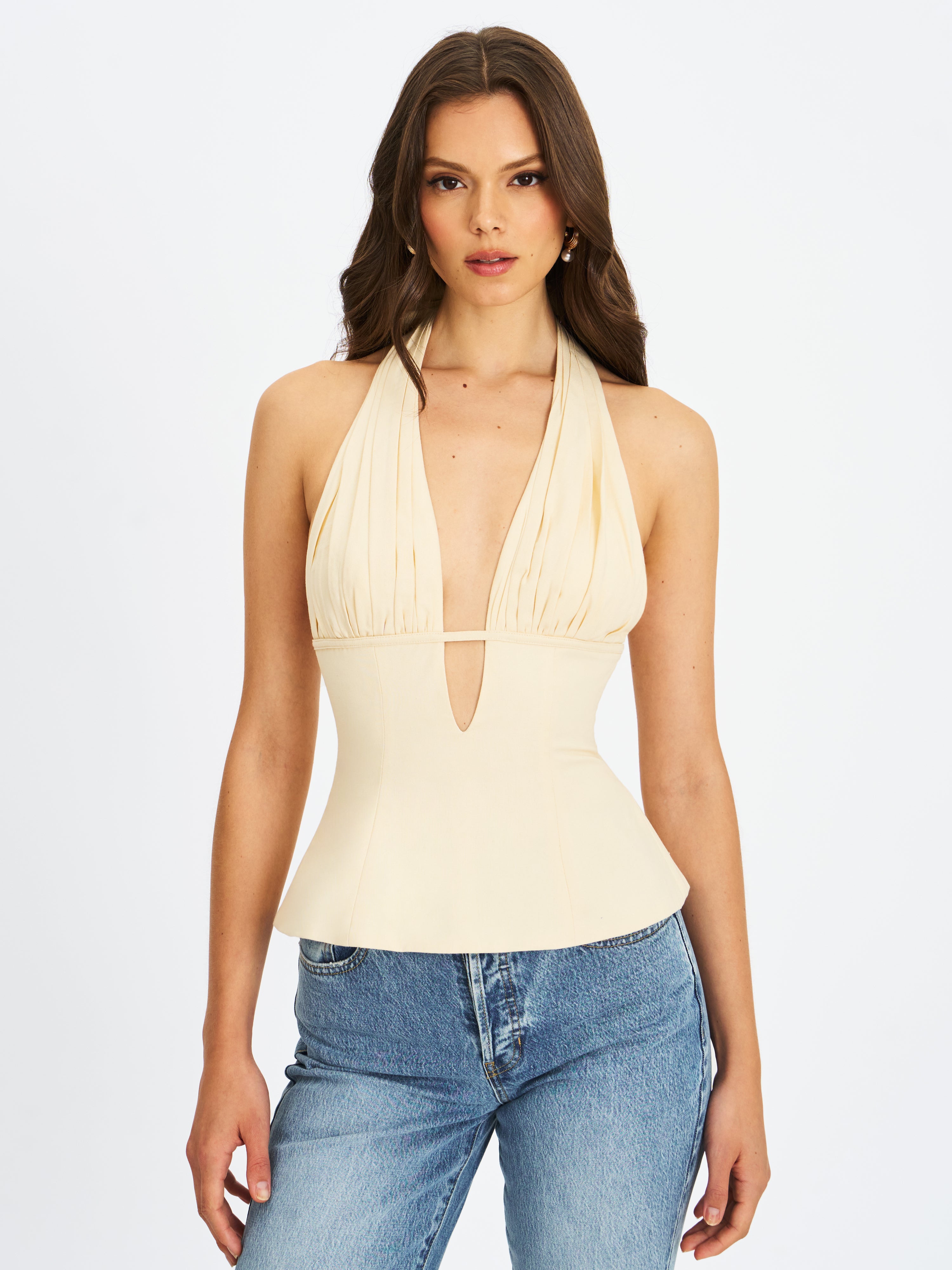 Quinzella Butter Yellow Linen Plunging Halter Neck Top