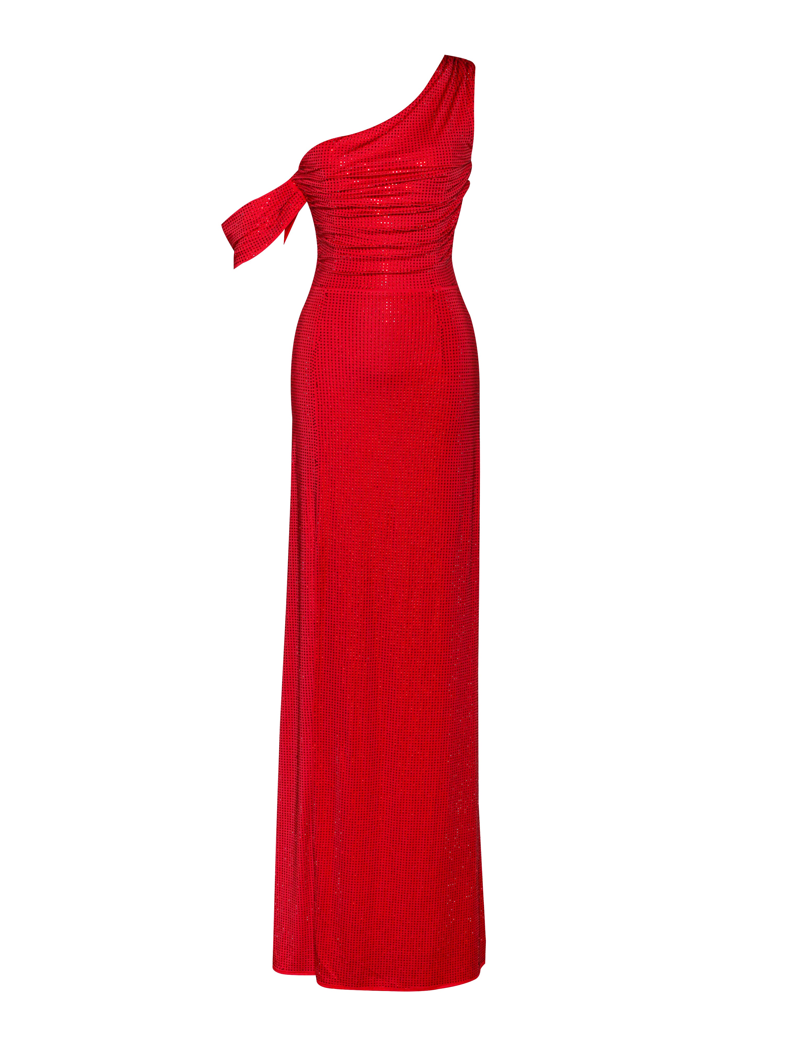 Paget Red Mesh Rhinestone Embellished High Slit Gown