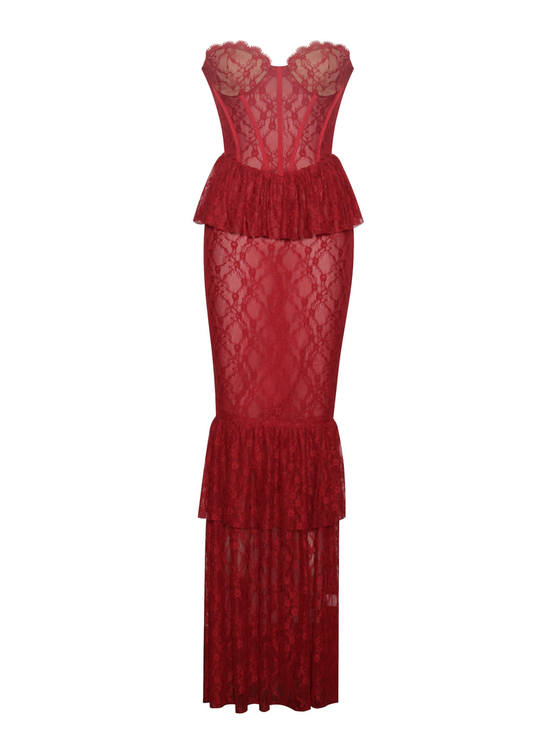 Quennell Burgundy Lace Corset Maxi Dress