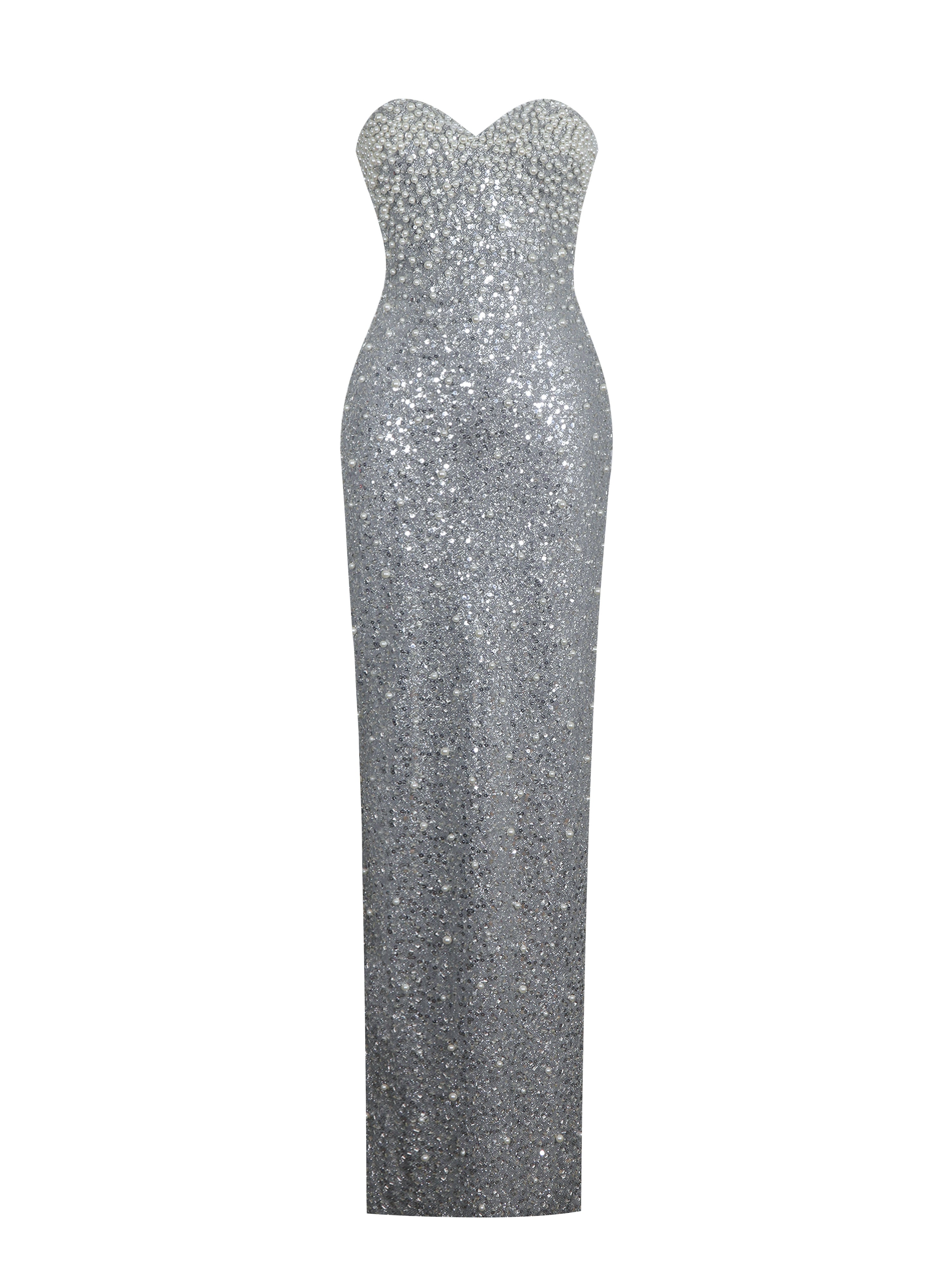 Noelle Silver Sequin Pearl-Embellished Sweetheart Maxi Dress