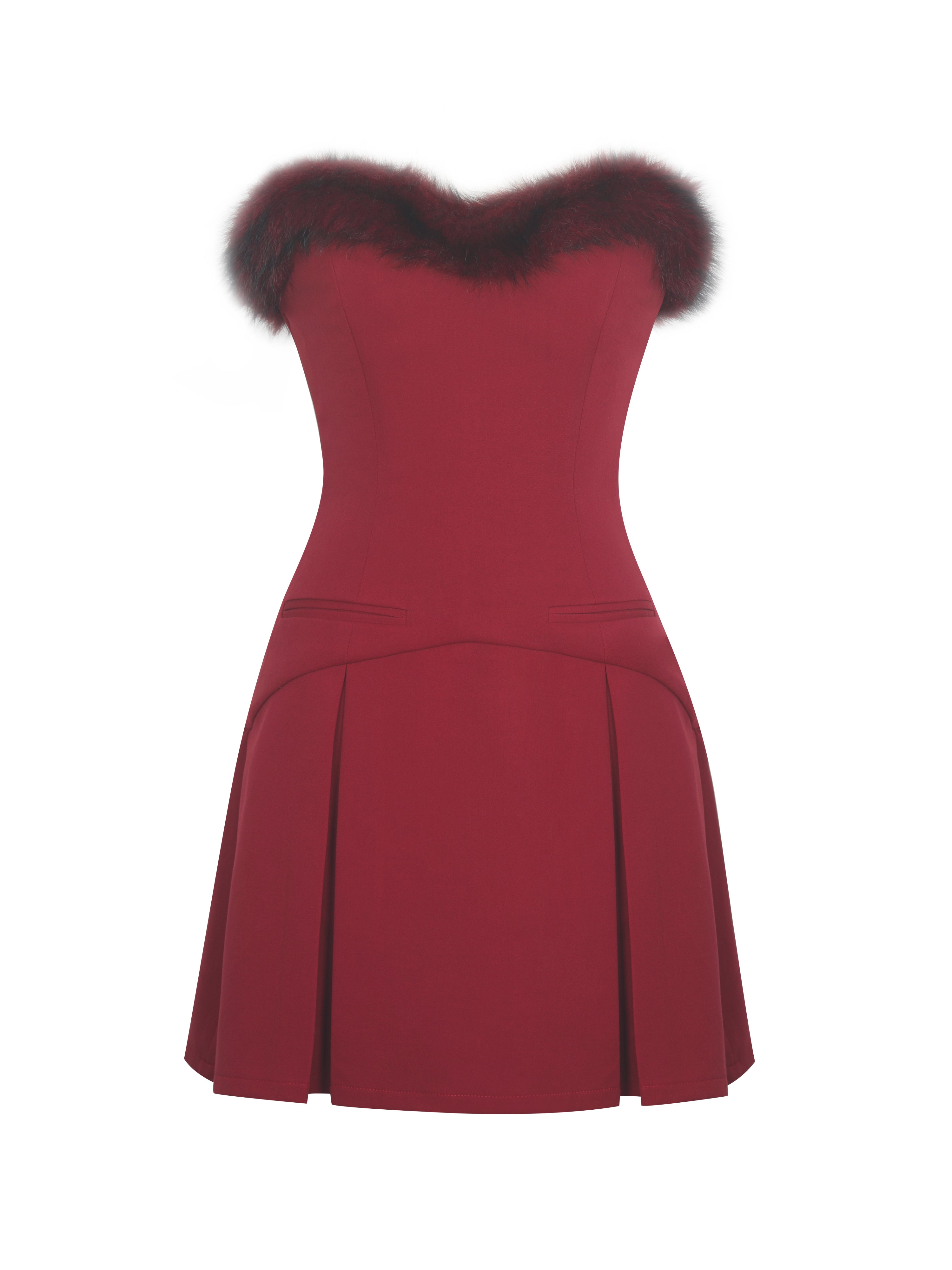 Nalia Crimson Fur Trimmed Sweetheart Mini Dress