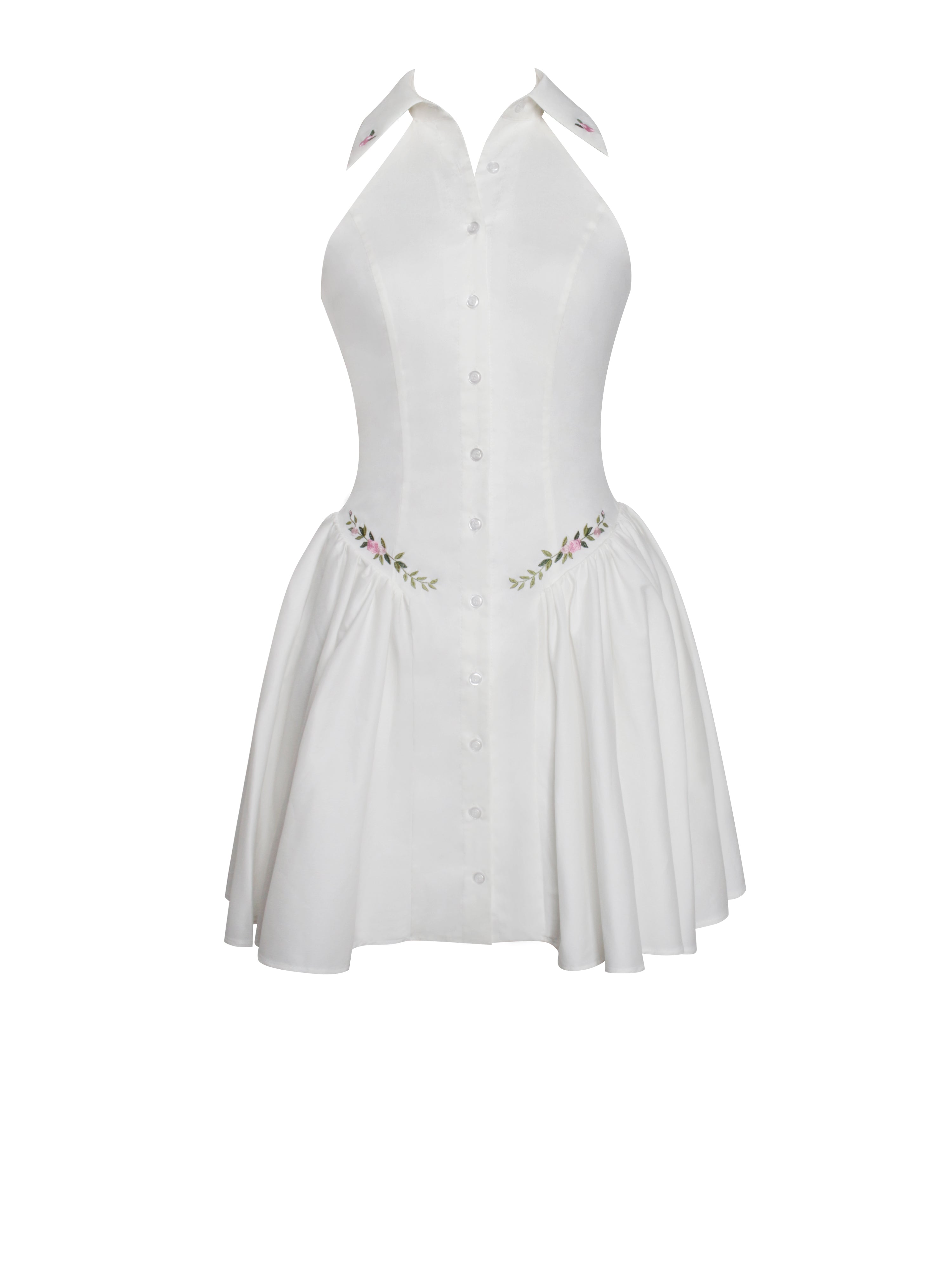 Hailey White Embroidered Collared Halter Drop Waist Mini Dress