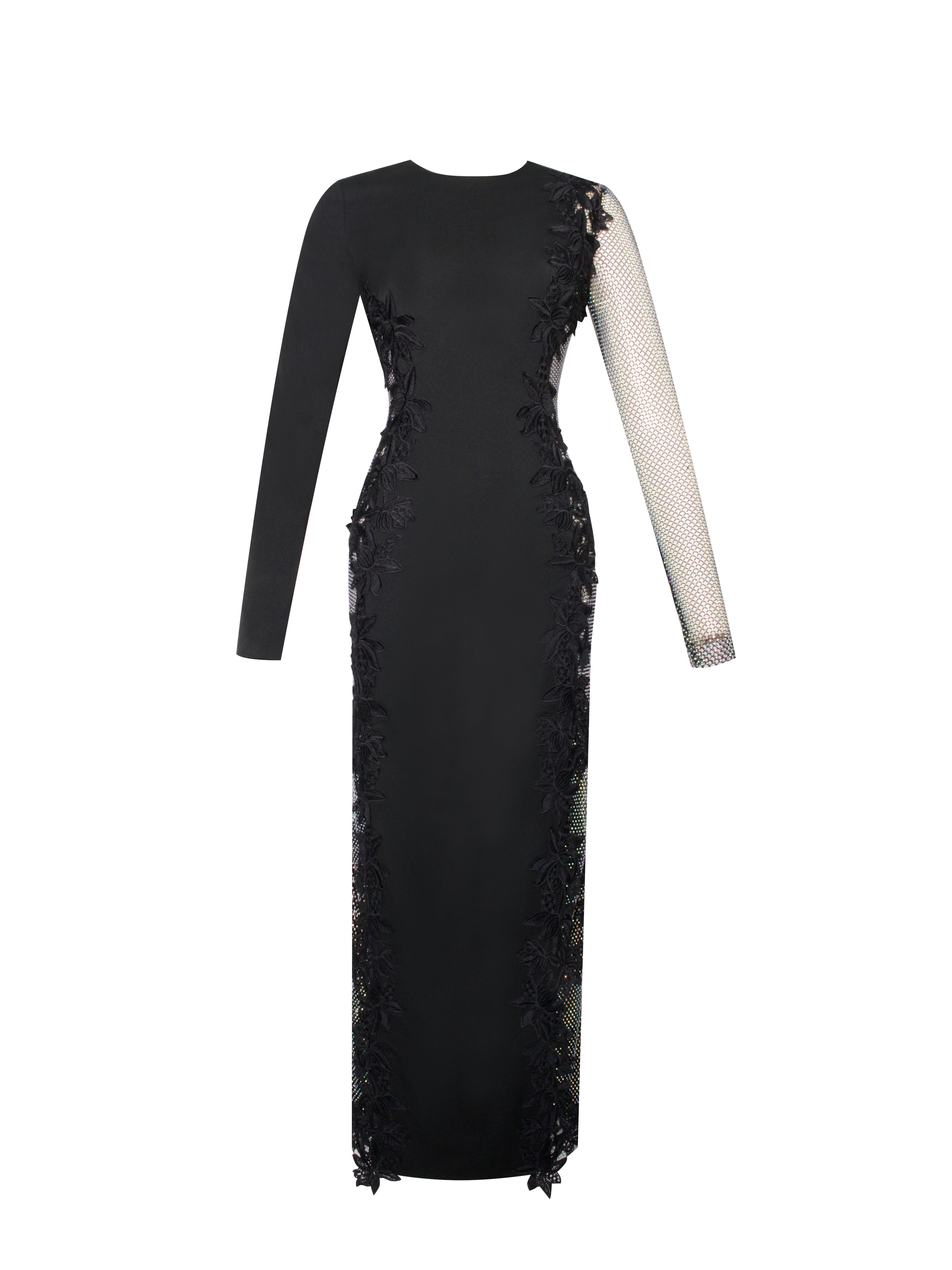 Bailey Lace Trim Crystal Net Cutout Long Sleeve Gown