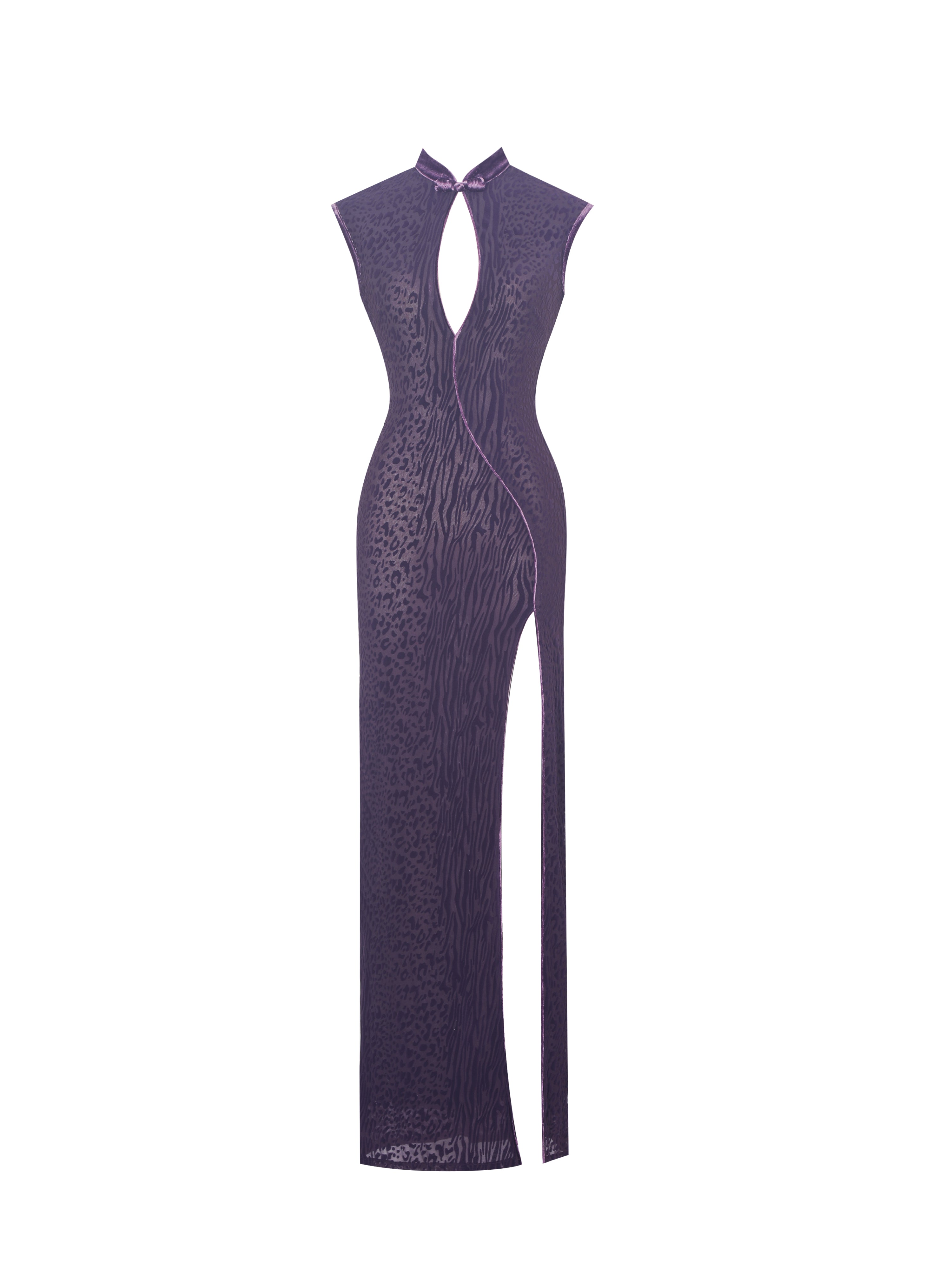 Riona Violet Burnout Velvet Mesh Keyhole Maxi Dress