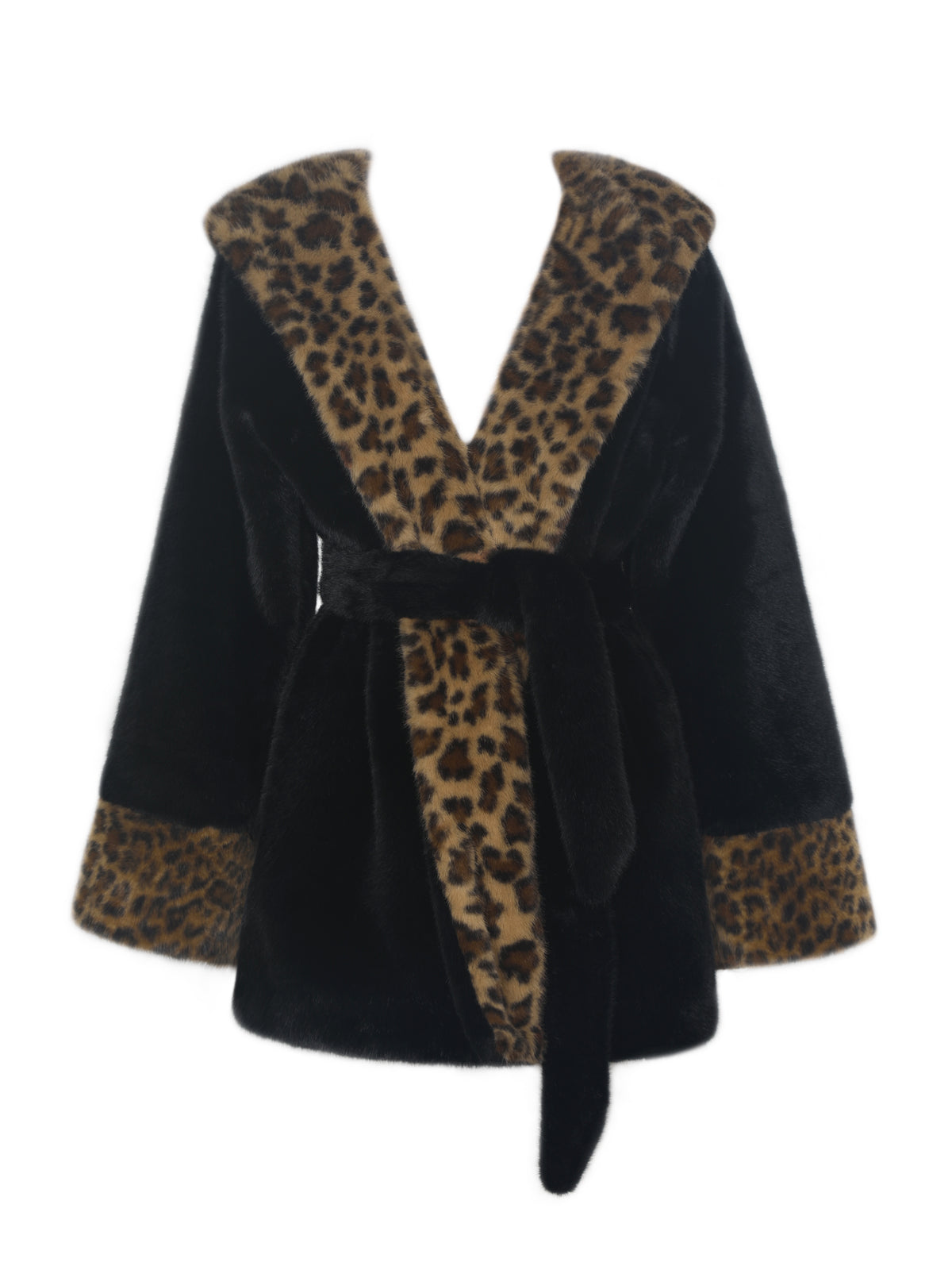 Bianca Black Faux Fur Cheetah Print Oversized Hood Mini Coat