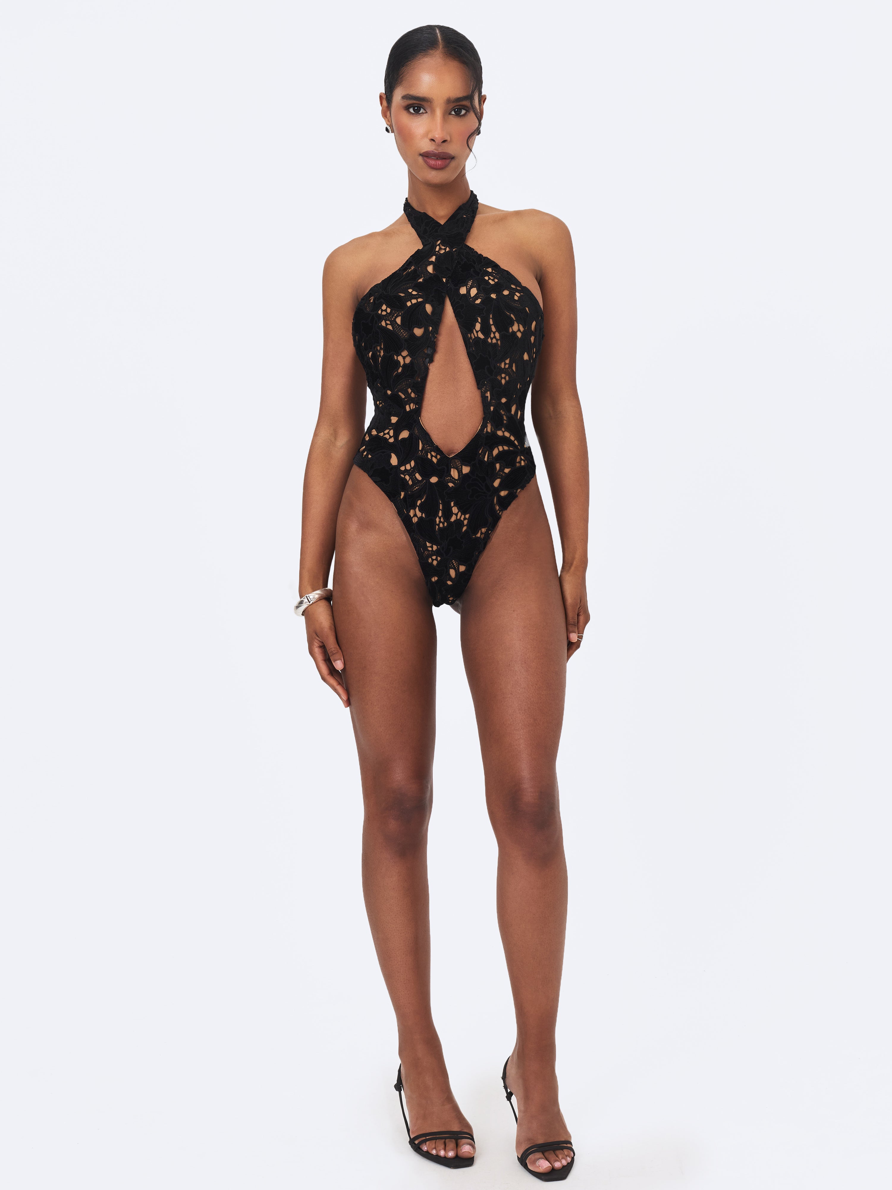 Breanna Black Velvet Lace Crossover Halter Swimsuit