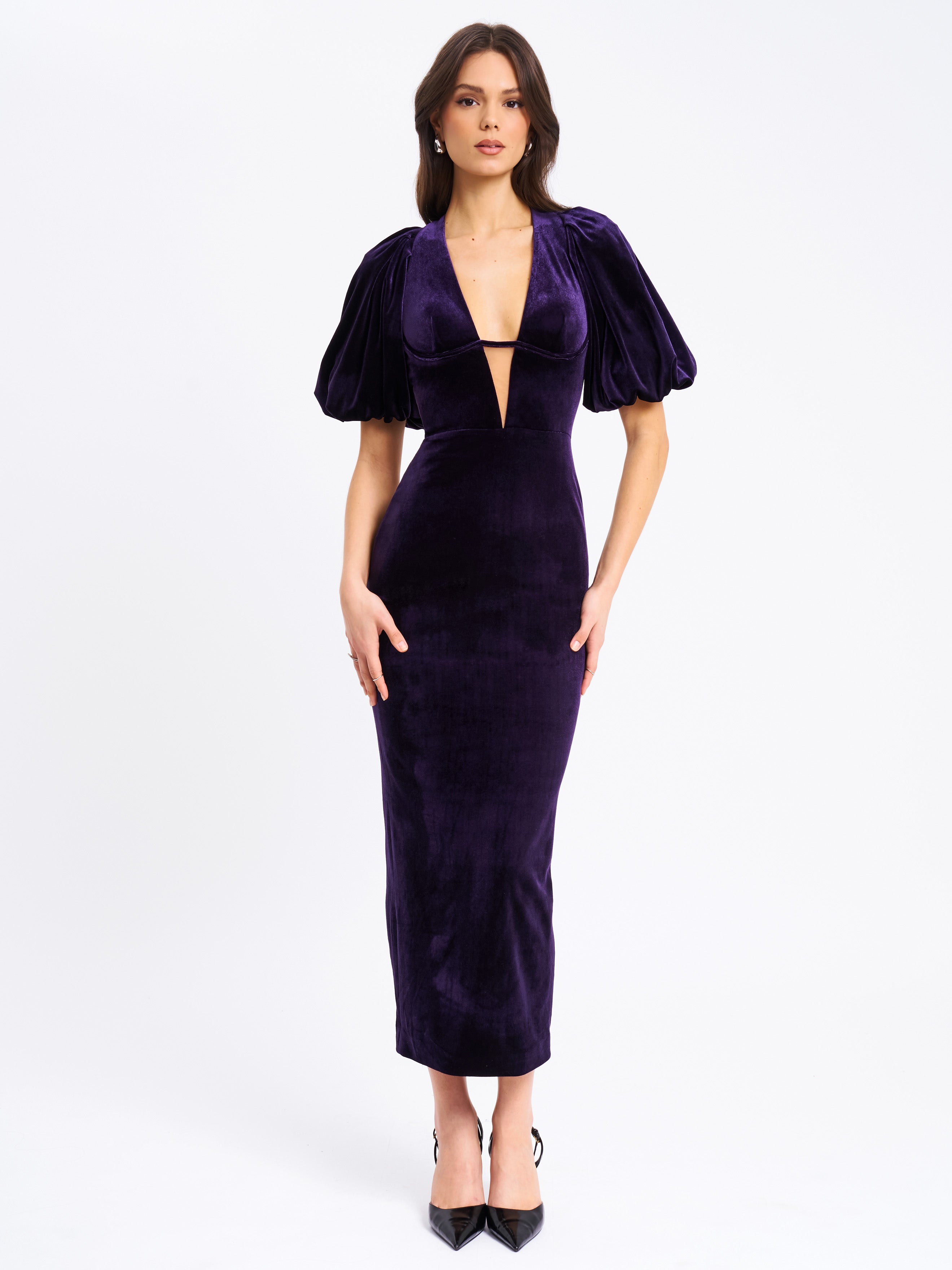 Coraline Purple Velvet Bubble Sleeve Backless Maxi Dress