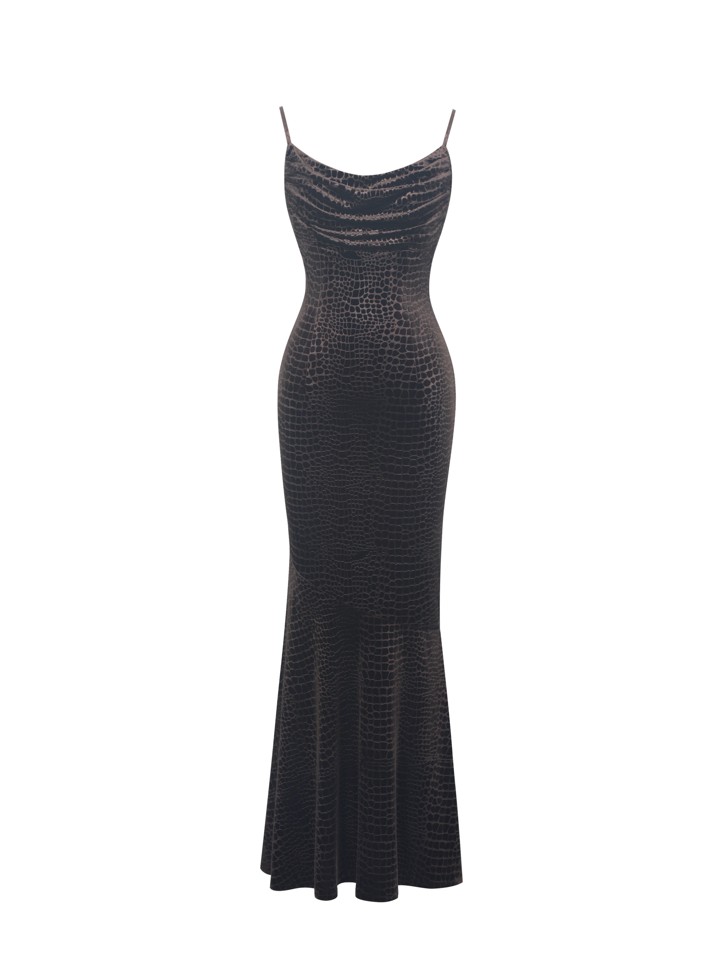 Veronique Brown Croc-Embossed Velvet Cowl Neck Mermaid Maxi Dress