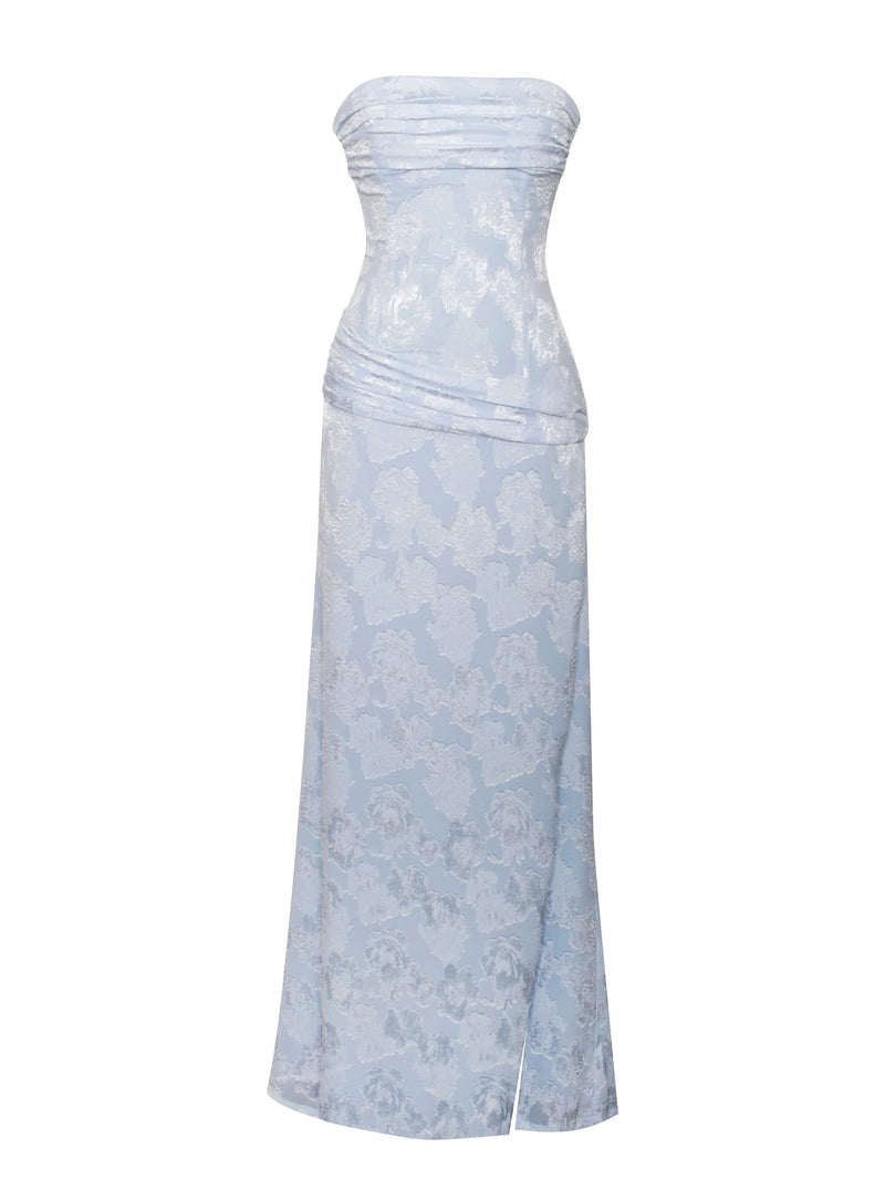 Xatia Baby Blue Jacquard Textured High Slit Maxi Dress