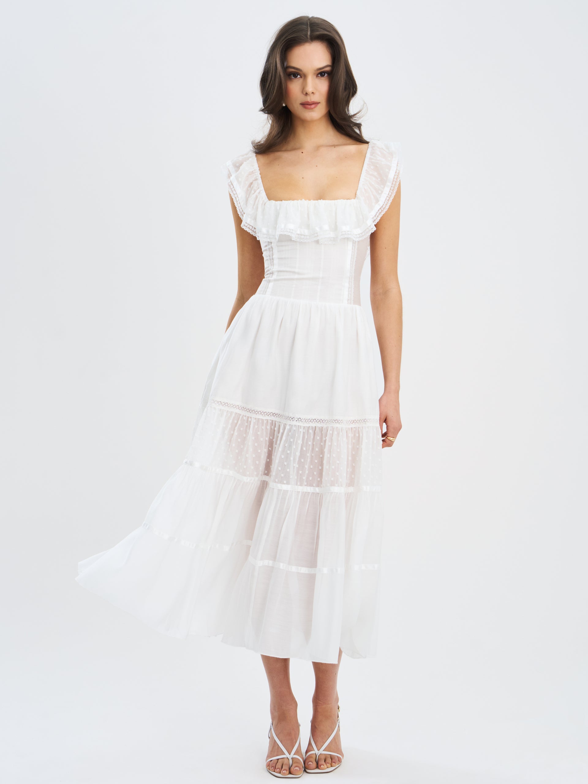 Miss Circle Women Eden Square Neck Ruffle Trim High Waist Midi Dress - White Miss Circle Women Eden Square Neck Ruffle Trim High Waist Midi Dress - White