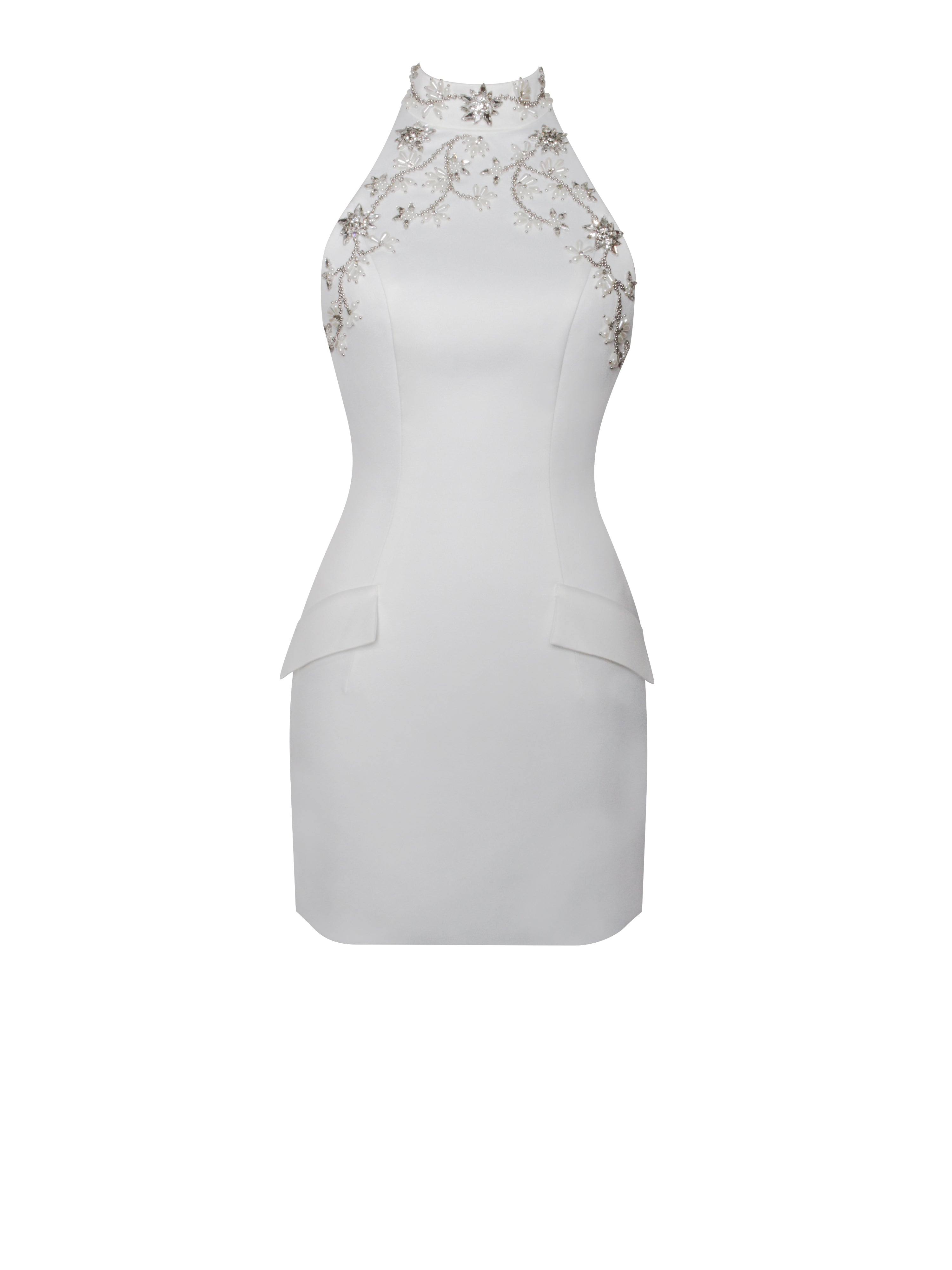 Ori White Halter Neck Crystal Pearl Mini Dress