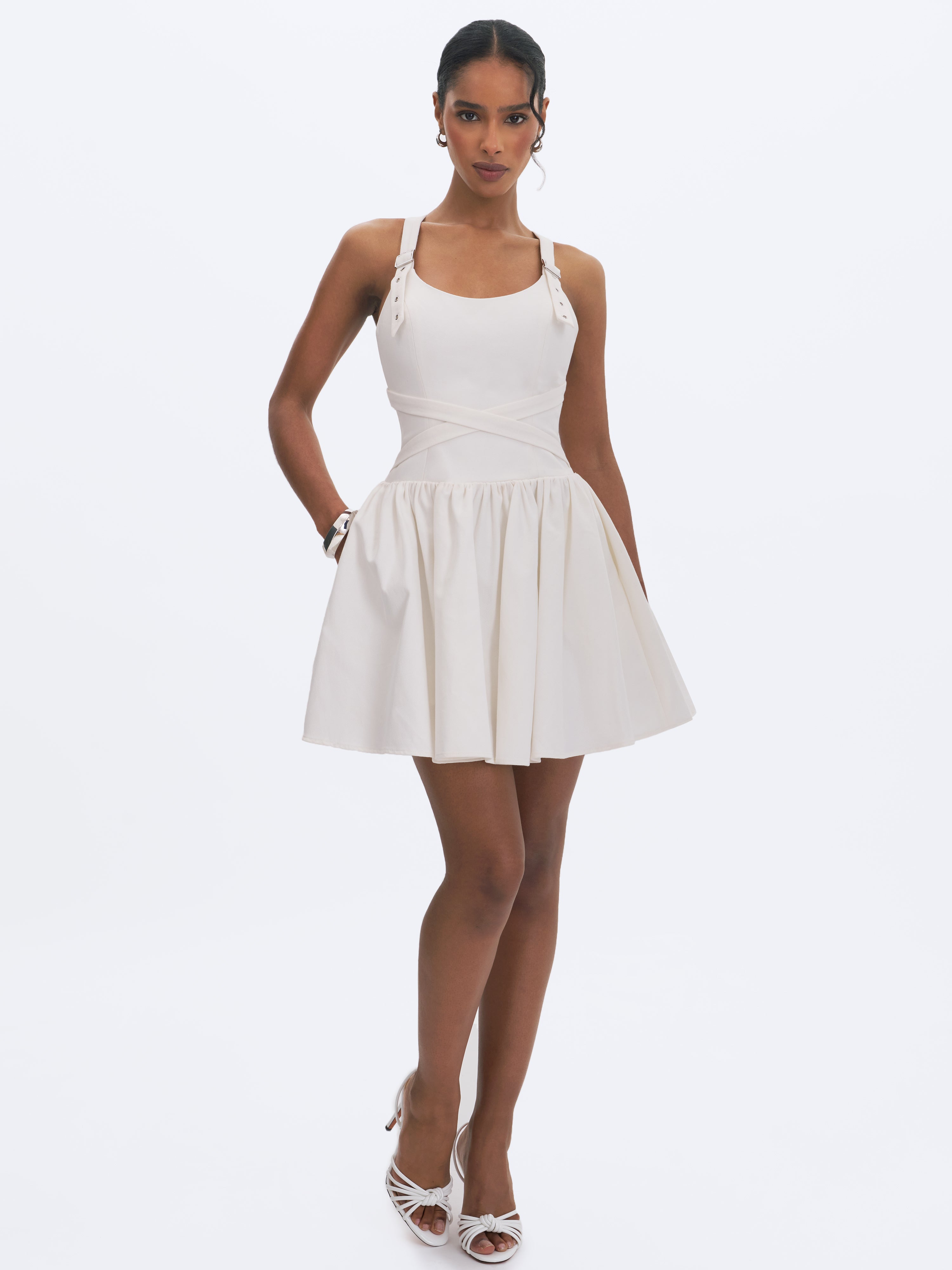 Francine White Cotton Denim Crossover Strap Mini Dress