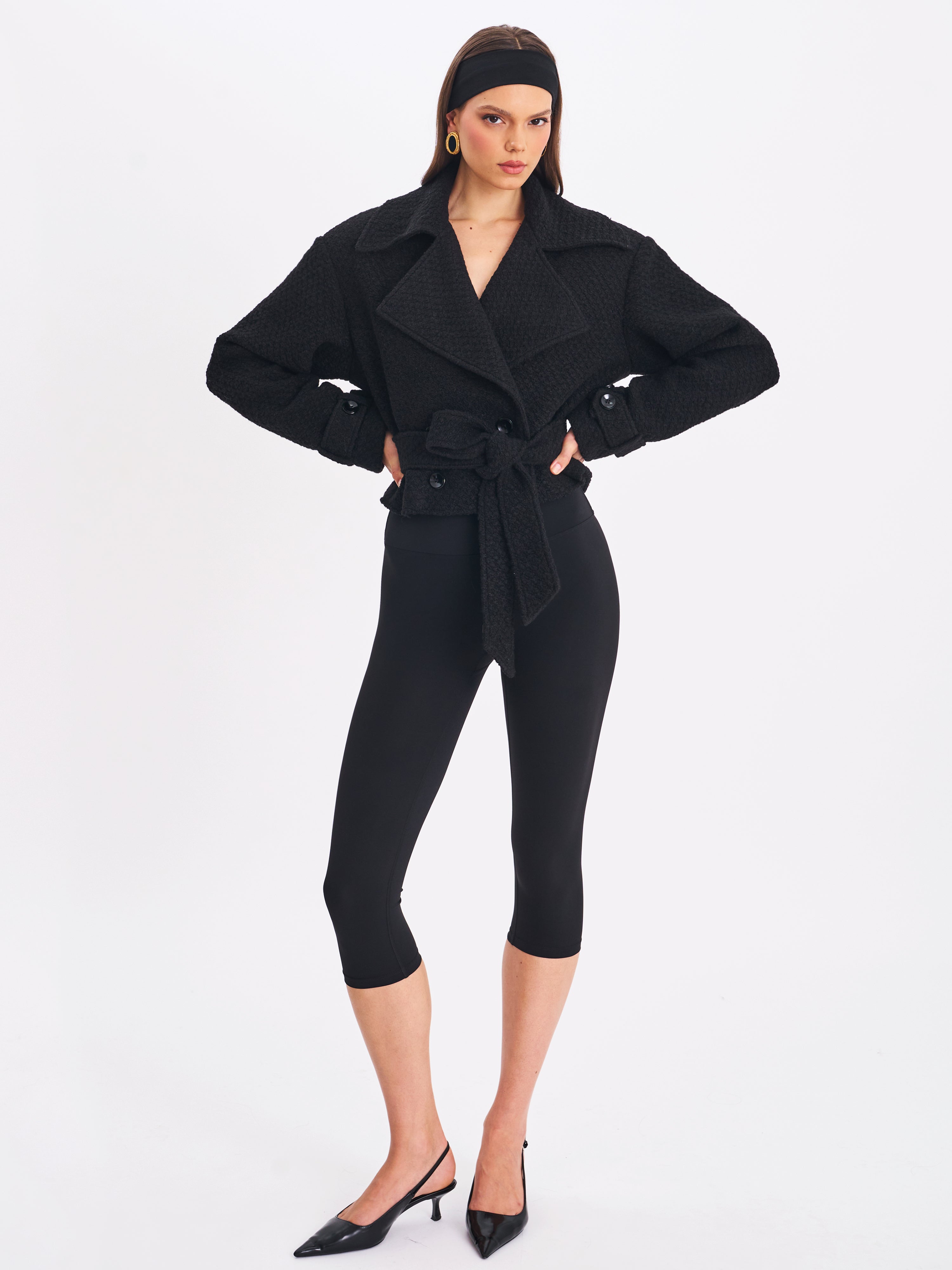 Dara Black Wool Blend Cropped Double-Breasted Belted Coat