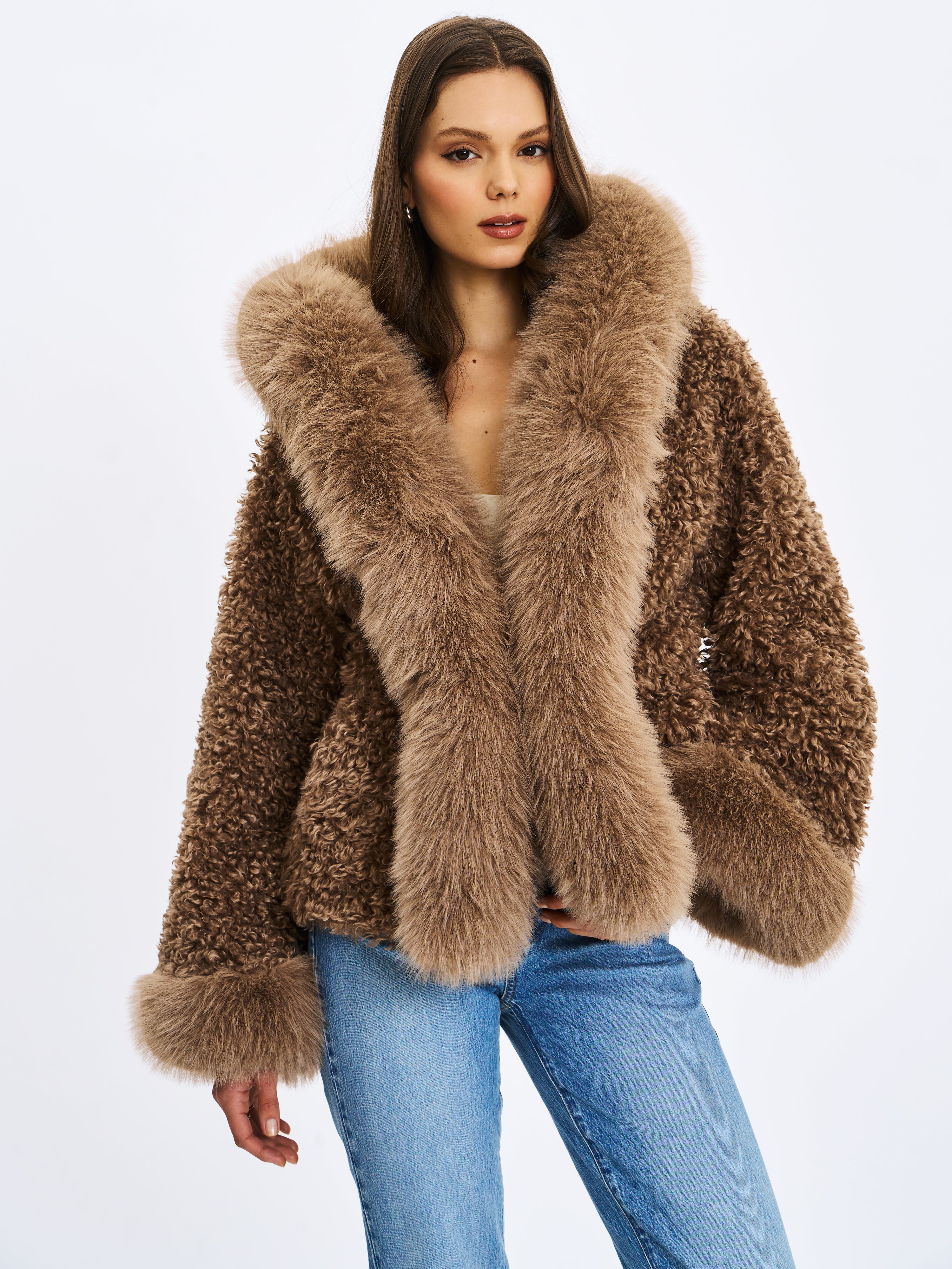 Jumbo Kali Camel Vegan Shearling Fur Trimmed Coat