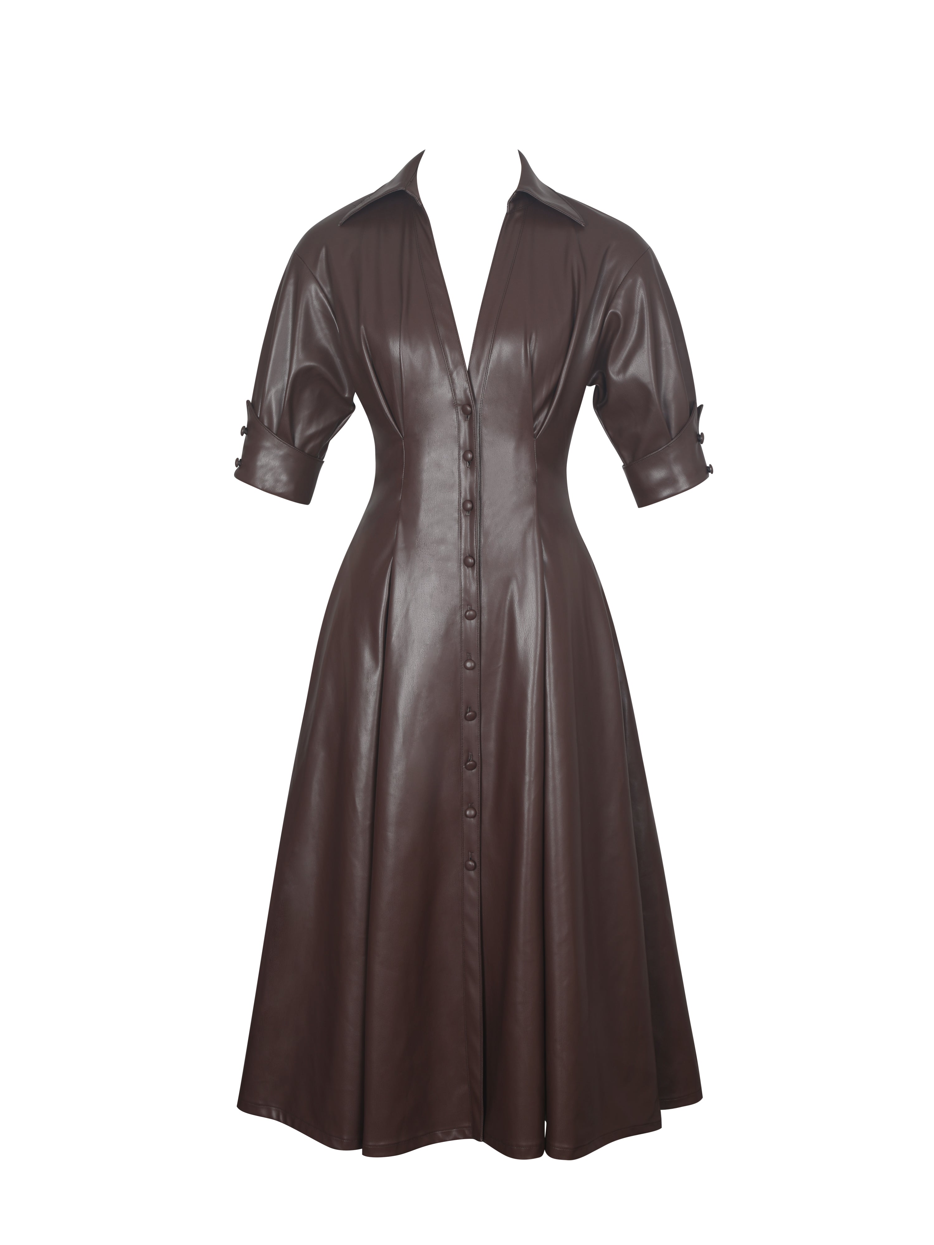 Vilda Espresso Brown Faux Leather Pleated Midi Dress