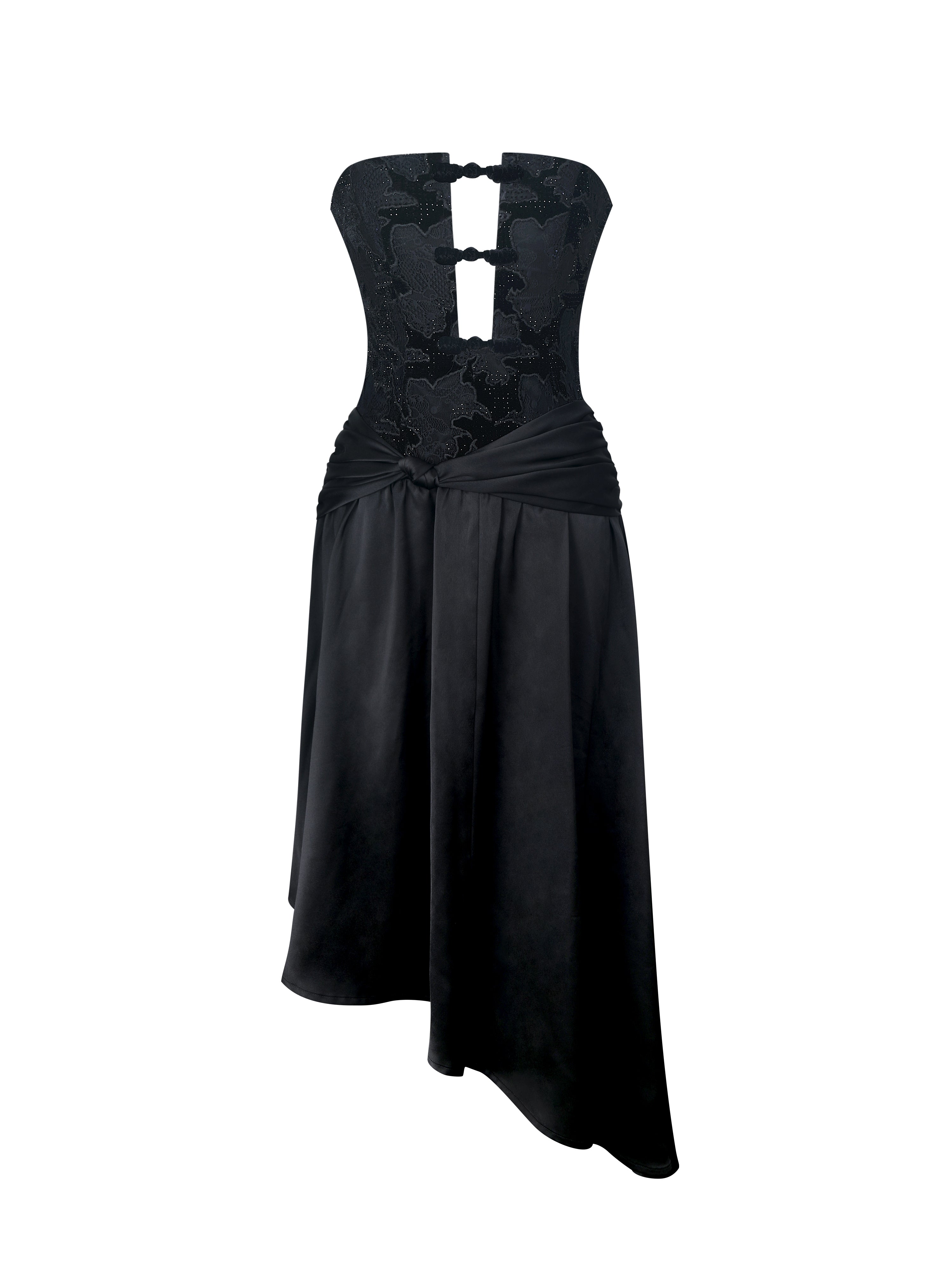 Yoseline Black Velvet Lace Cutout Asymmetrical Satin Midi Dress