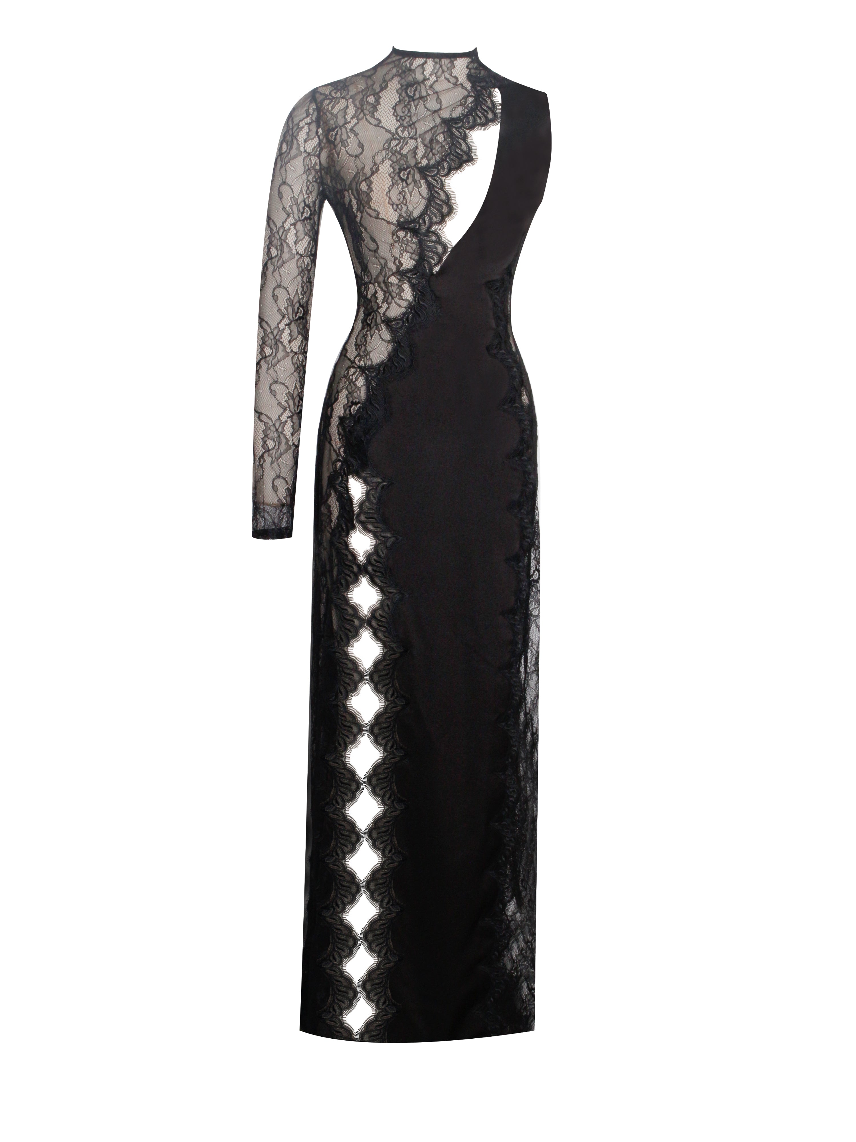 Weslyn Black Satin Lace High Slit Dress Weslyn Black Satin Lace High Slit Dress