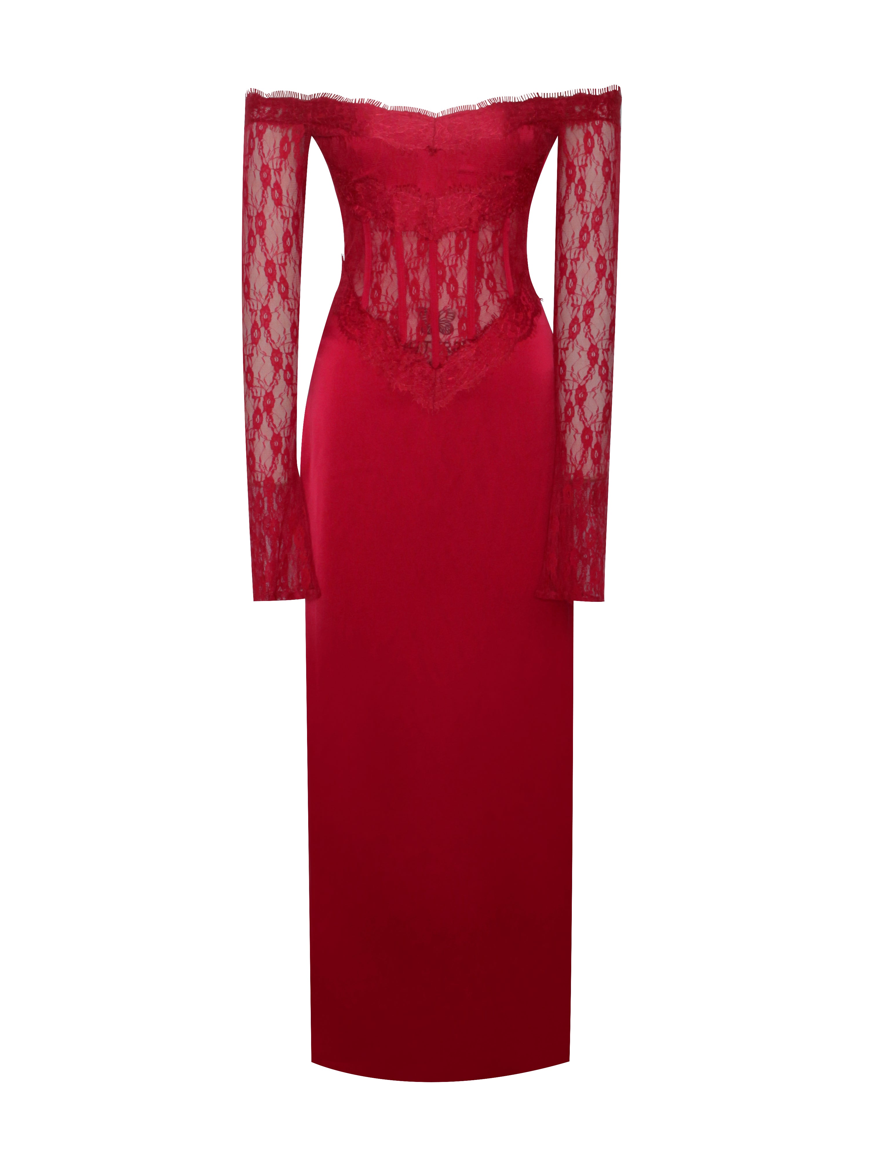 Nessa Red Lace Satin Corset Maxi Dress