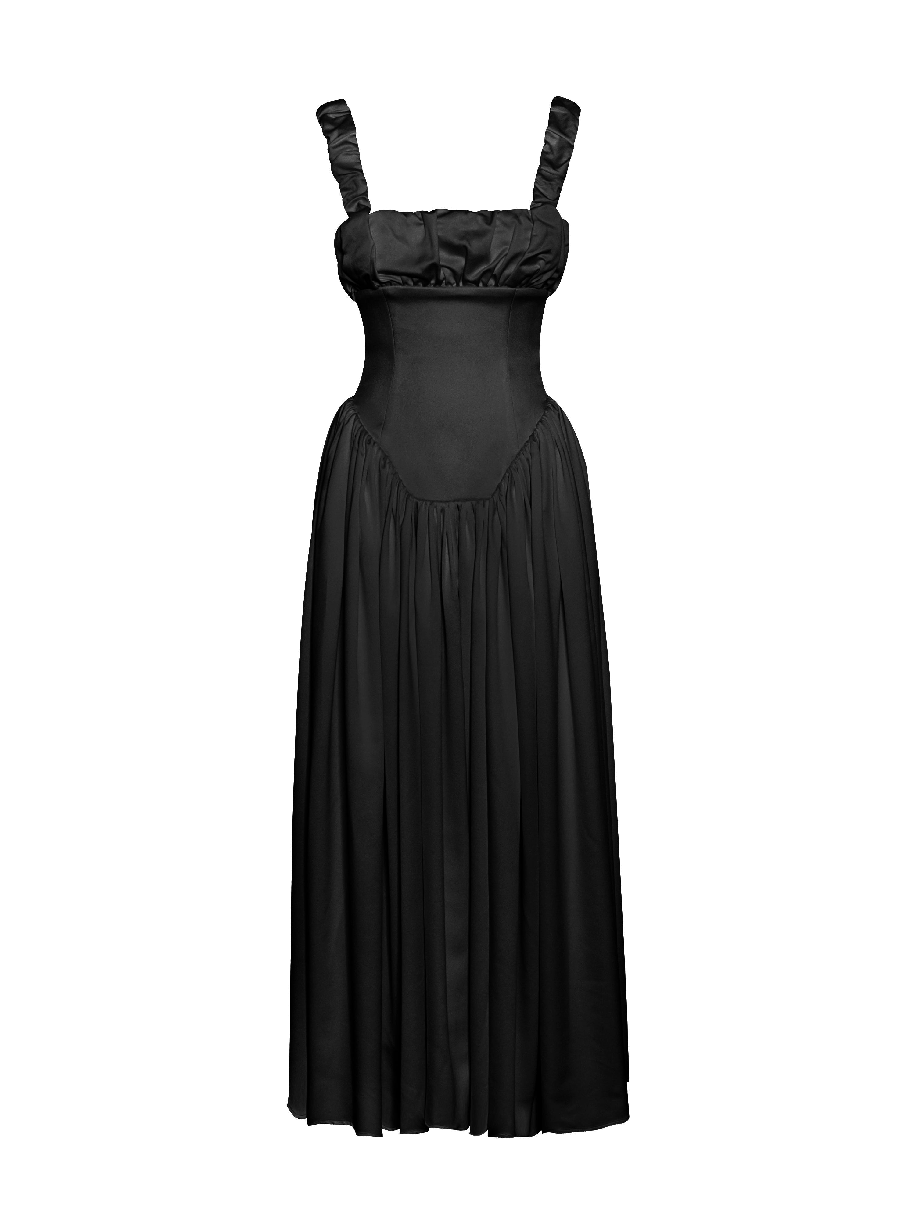 Noreen Black Satin Drop Waist Maxi Sundress