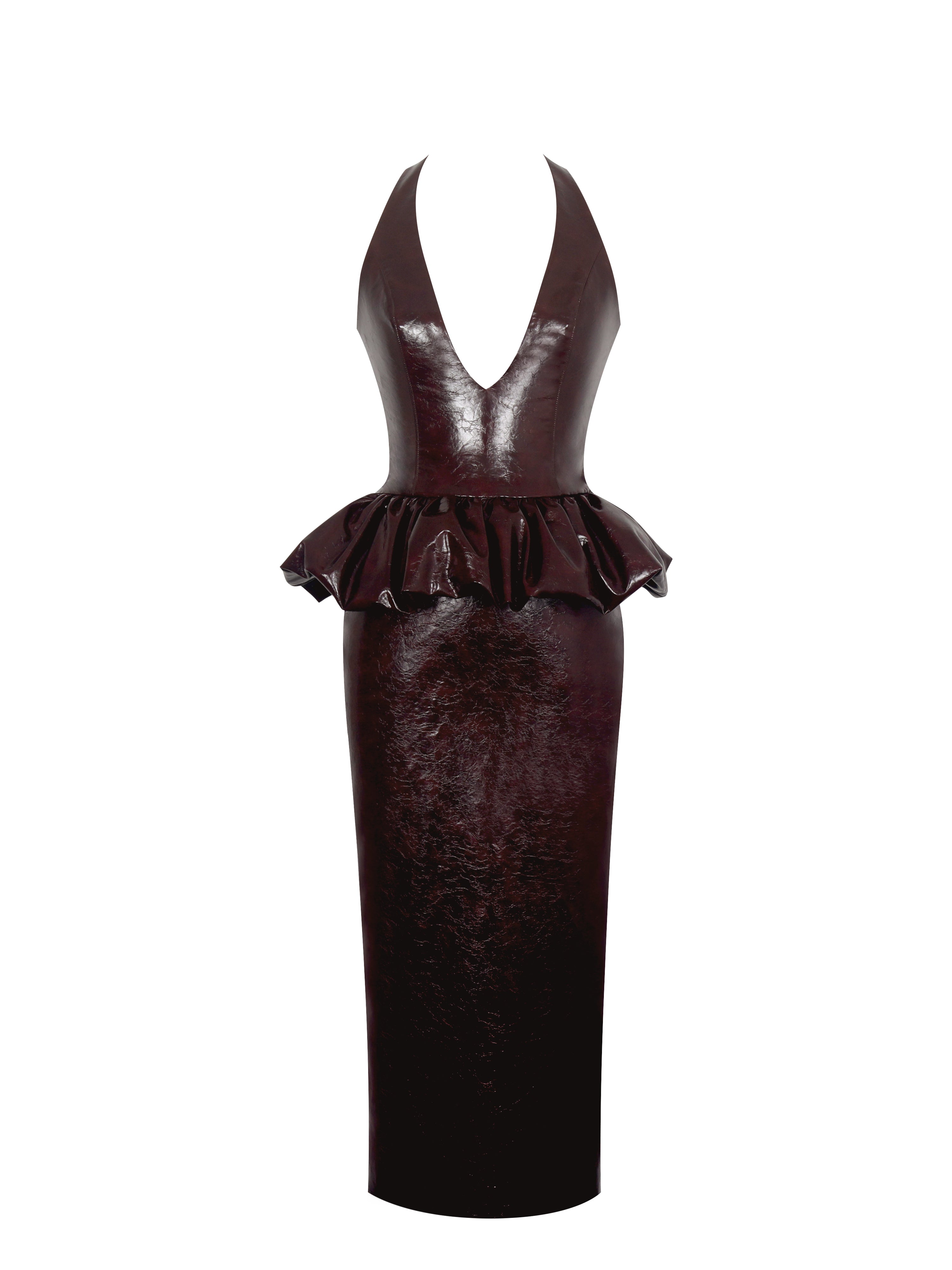 Jaslene Mahogany Ruched Peplum Plunge Halter Midi Dress