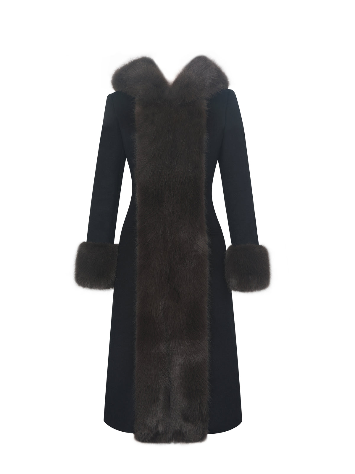 Sloan Black Wool Blend Sculpted Midi Coat with Fur Hood