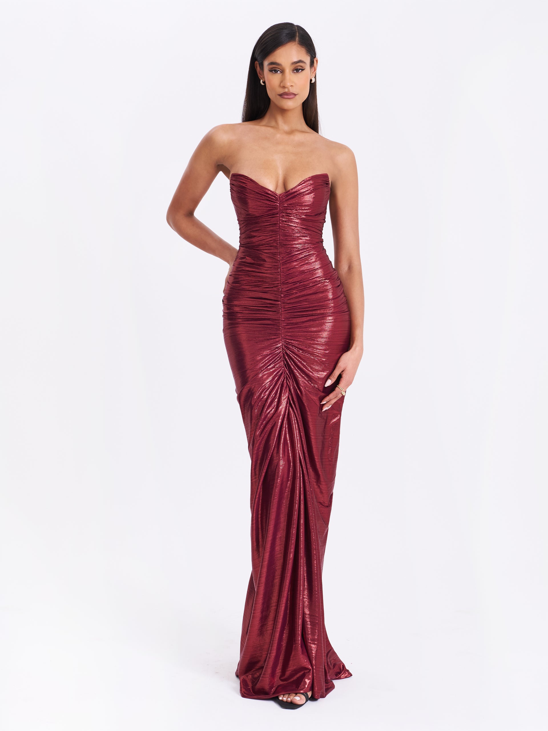 Sable Ruched Burgundy Glitter Mermaid Gown Sable Ruched Burgundy Glitter Mermaid Gown
