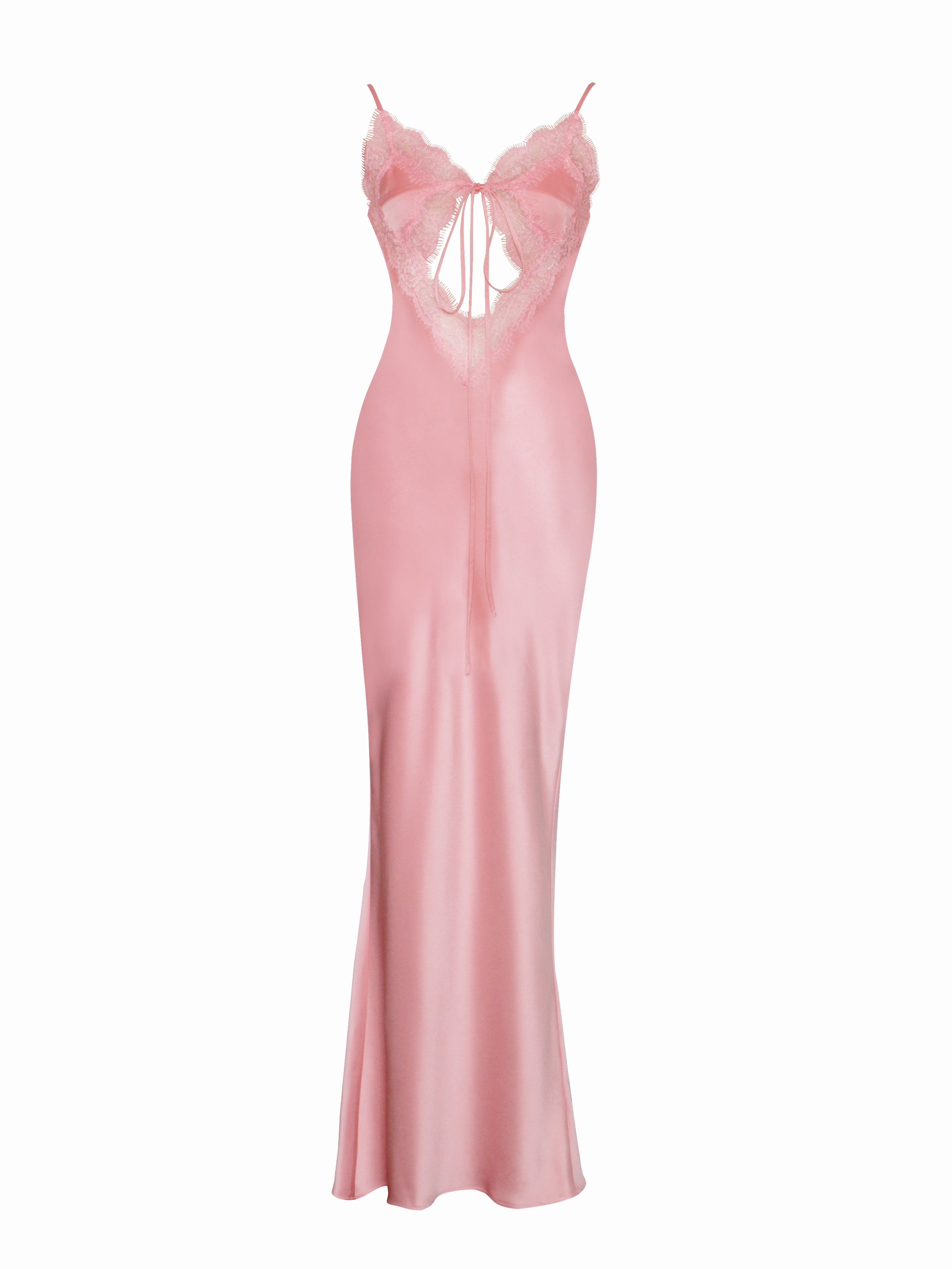 Zinnia Salmon Pink Satin Lace Maxi Dress