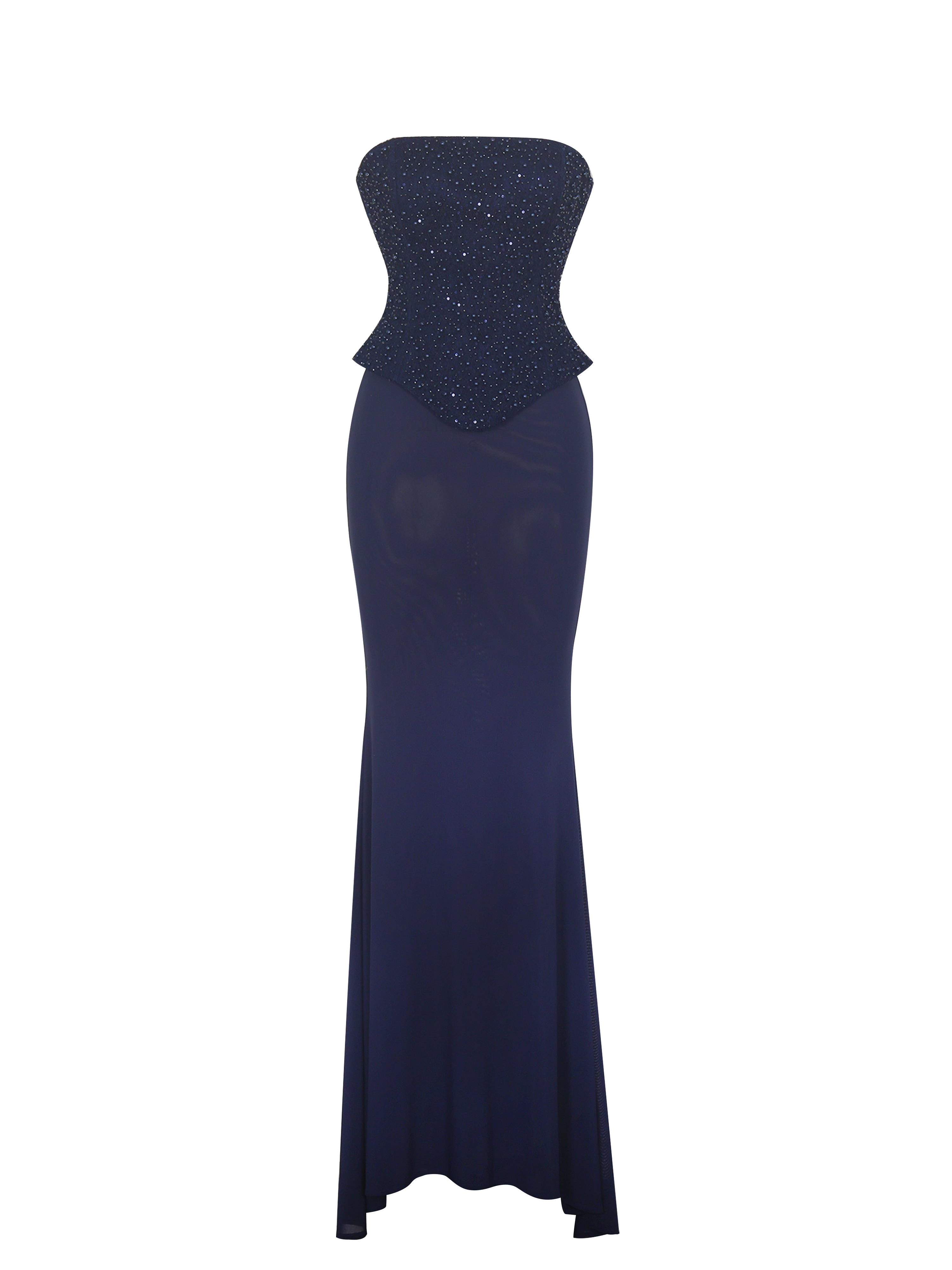 Orabelle Navy Beaded Peplum Mermaid Gown with Lace-up Back