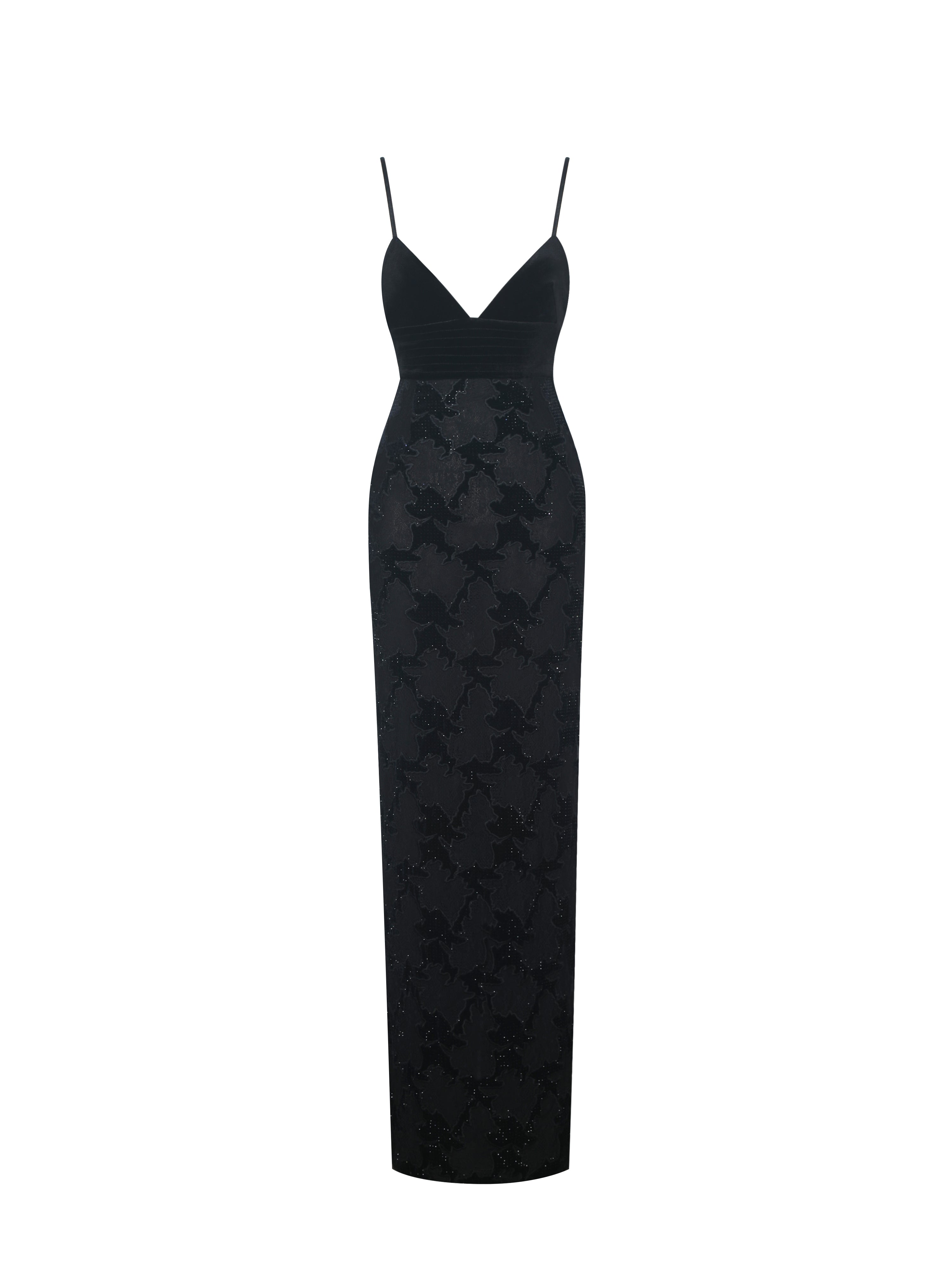 Quinsley Black Velvet Crystal Lace Maxi Dress