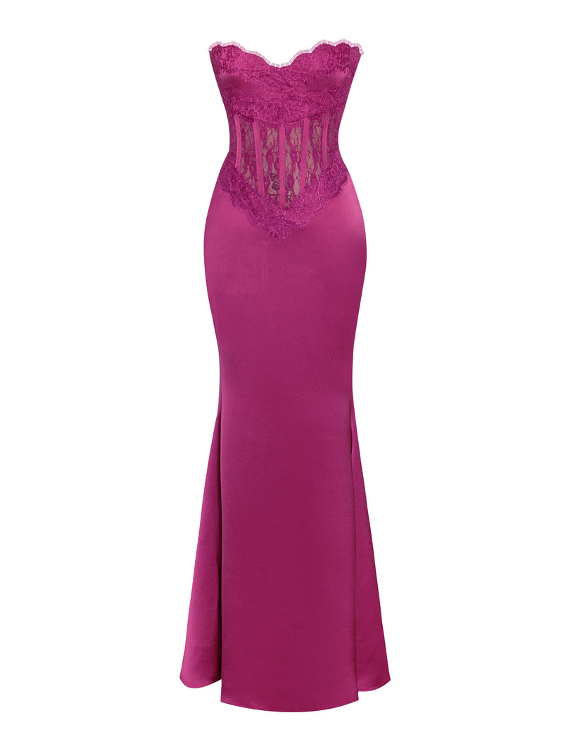 Everleigh Fuchsia Lace Satin Corset Maxi Dress