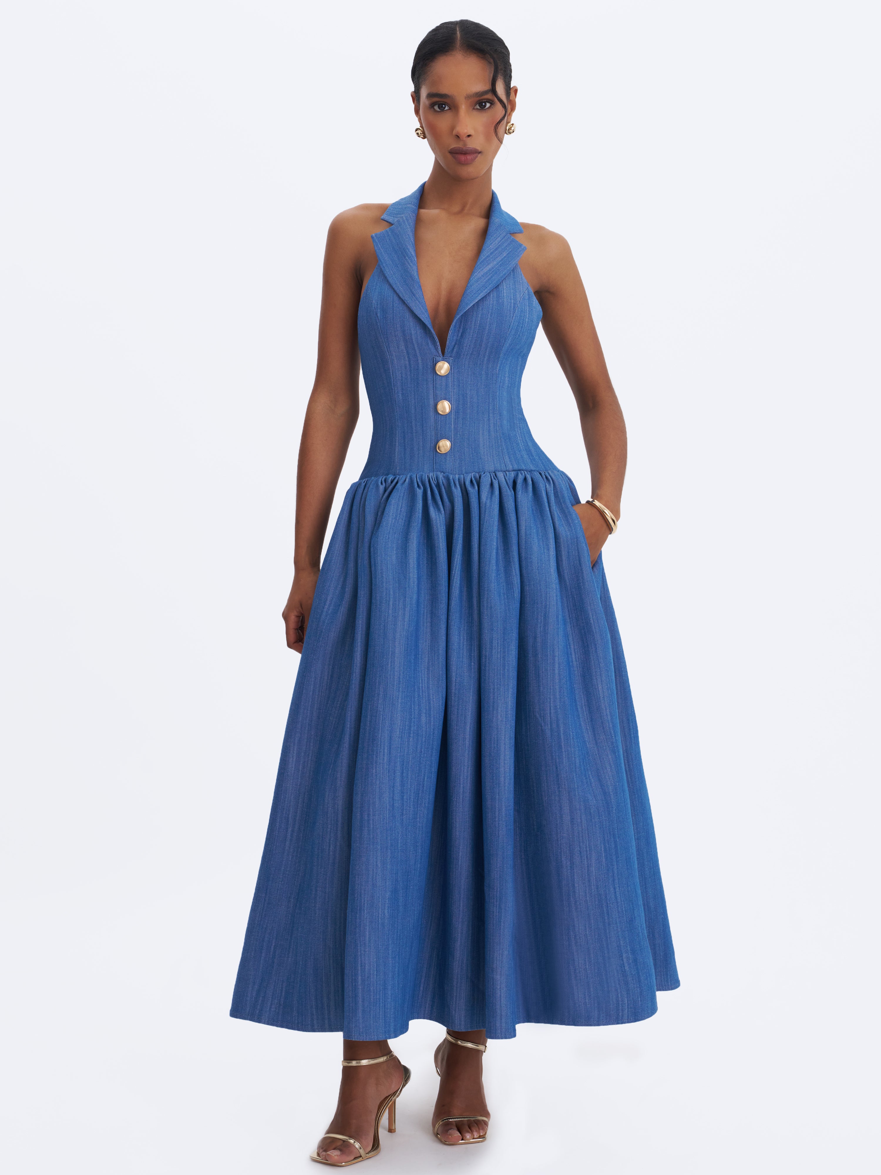 Xyan Navy Denim Lapel Halter A-Line Midi Dress